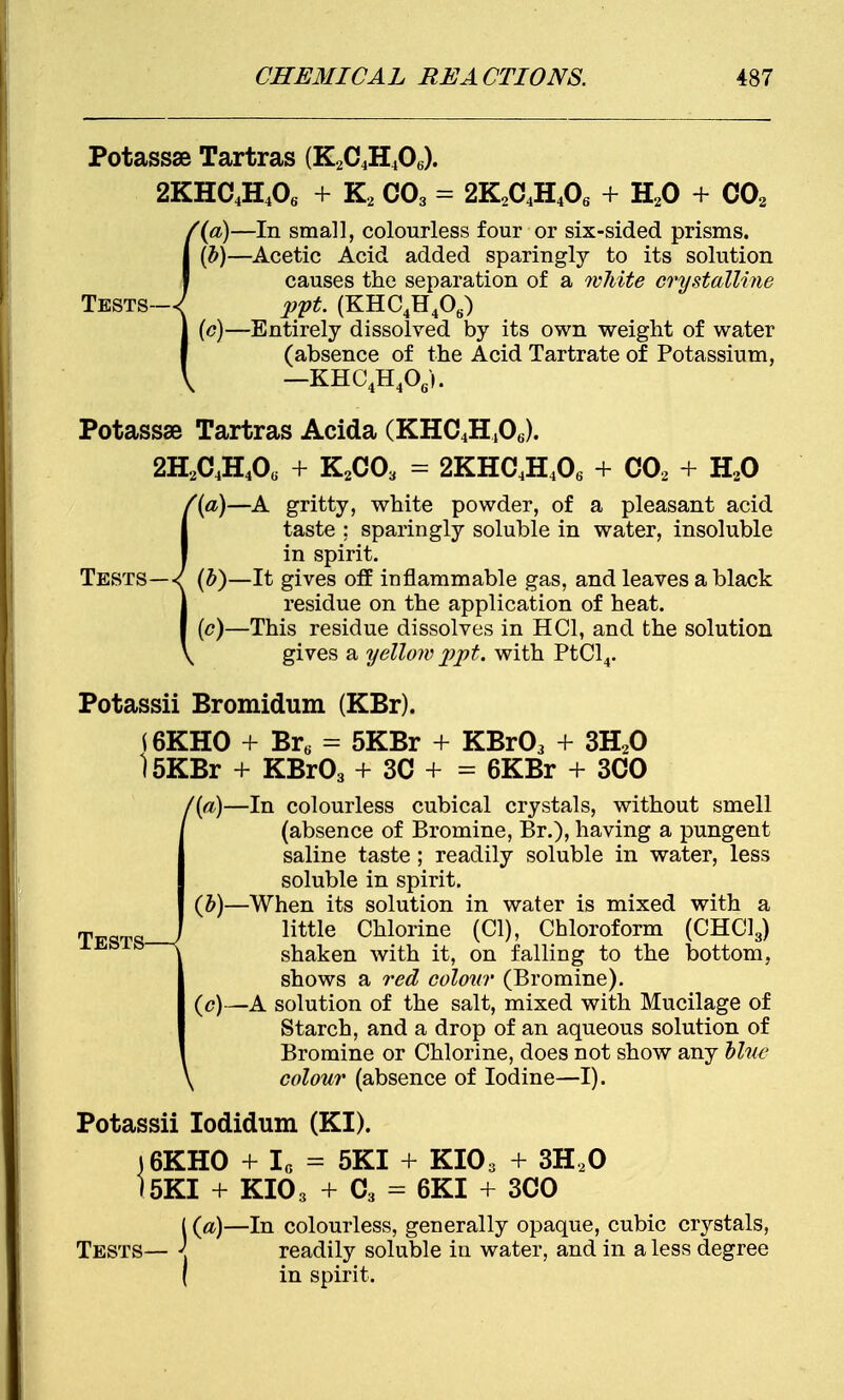 Potassae Tartras (K2C4H406). 2KHC4H406 + K2 C03 = 2K2C4H406 + H20 + C02 '(a)—In small, colourless four or six-sided prisms. (b) —Acetic Acid added sparingly to its solution causes the separation of a wliite crystalline Tests—■{ ppt. (KHC4H4Os) (c) —Entirely dissolved by its own weight of water (absence of the Acid Tartrate of Potassium, —KHC4H406). Potassae Tartras Acida (KHC4H406). 2H2C4HA + K2C03 = 2KHC4H406 + C02 + H20 '(«)—A gritty, white powder, of a pleasant acid taste ; sparingly soluble in water, insoluble in spirit. Tests—^ (b)—It gives off inflammable gas, and leaves a black residue on the application of heat. (c)—This residue dissolves in HC1, and the solution gives a yellow ppt. with PtCl4. Potassii Bromidum (KBr). (6KH0 + Br« = 5KBr + KBr03 + 3H20 )5KBr + KBr03 + 3C + = 6KBr + 3C0 /(a)—In colourless cubical crystals, without smell (absence of Bromine, Br.), having a pungent saline taste ; readily soluble in water, less soluble in spirit. (&)—When its solution in water is mixed with a little Chlorine (CI), Chloroform (CHC13) shaken with it, on falling to the bottom, shows a red colour (Bromine). (c)—A solution of the salt, mixed with Mucilage of Starch, and a drop of an aqueous solution of Bromine or Chlorine, does not show any blue \ colour (absence of Iodine—I). Potassii Iodidum (KI). \6KH0 + Ic = 5KI + KI03 + 3H20 I5KI + KI03 + C3 = 6KI + 3C0 ((a)—In colourless, generally opaque, cubic crystals, Tests— \ readily soluble in water, and in a less degree in spirit.