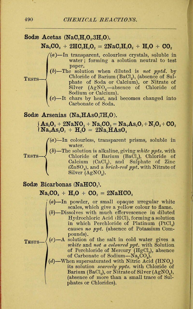Sodse Acetas (NaC2H302,3H20). Na2C03 + 2HC2H302 = 2NaC2H302 + H20 + C02 ■In transparent, colourless crystals, soluble in water; forming a solution neutral to test paper. The solution when diluted is not pptd. by- Chloride of Barium (BaC]2), (absence of Sul- phate of Soda or Calcium), or Nitrate of Silver (AgN03—absence of Chloride of Sodium or Calcium). It chars by heat, and becomes changed into Carbonate of Soda. Sodse Arsenias (Na2HAs047H20). As203 + 2NaN03 + Na2C03 = Na4As207 + N203 + CO, Na4As207 + H20 = 2Na2HAs04 {(a)—In colourless, transparent prisms, soluble in water. (b)—The solution is alkaline, giving white pj)ts. with Chloride of Barium (BaCl2), Chloride of Calcium (CaCl2), and Sulphate of Zinc (ZnS04), and a brick-redppt. with Nitrate of Silver (AgNOJ. Sodse Bicarbonas (NaHC03\ Na2C03 + H20 + C02 = 2NaHC03 I (a)—In powder, or small opaque irregular white scales, which give a yellow colour to flame. (b) —Dissolves with much effervescence in diluted Hydrochloric Acid iHCl), forming a solution in which Perchloride of Platinum (PtCl4) causes no ppt. (absence of Potassium Com- pounds) . (c) —A solution of the salt in cold water gives a white and not a coloured ppt. with Solution of Perchloride of Mercury (HgCl2), absence of Carbonate of Sodium—Na2C03). (d) —When supersaturated with Nitric Acid (HN03) its solution scarcely ppts. with Chloride of Barium (BaCl2), or Nitrate of Silver (AgN03), (absence of more than a small trace of Sul- \ phates or Chlorides). (by Tests—-I (o)- \
