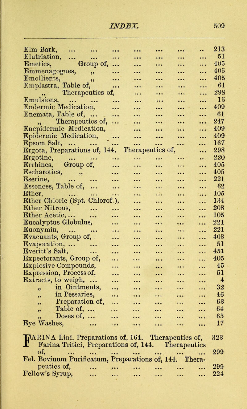 Elm Bark, ... .:. .. 213 Elntriation 51 Empties GrouD of. , .< ... 405 E m m en acroemes. ... 405 Emol Herts, ,, ... 405 Emplastra, Table of, „ Therapeutics of, ... 61 ... 298 Emulsions, 15 Endermic Medication, ... 409 Enemata. Table of. ... ... 61 ,, Therapeutics of, ... ... 247 Enepidermic Medication, ... 409 Enidermic Medication. ... ... 409 Epsom Salt, ... ... ... ... 167 Ercota Preparations of. 144. Therapeutics of, ... 298 Ergotine, .. 220 Errhines, Group of, ... 405 Escharotics, ,, ... ... 405 Eserine, ... 221 Essences, Table of, ... 62 Ether, ... 105 Ether Chloric (Spt. Chlorof.), ... 134 Ether Nitrous. * A I'll V—< JL J_ 1 I I 1 V ' K.I i J m • * • • • • ... 208 Ether Acetic, ... ... 105 Eucalyptus Globulus, ... 221 Euouvmin. ... 221 Evacuants, Group of, ... 403 Evanorati on 1 A V %A1 J / \J J- \AI y.' 1 w XX •••• ••• 51 Everitt's Salt, ... 451 Expectorants, Group of, ... 405 Exnlosive Oomnounds. 45 Expression, Process of, ... 51 Extracts, to weigh, 4 „ in Ointments, ... 32 „ in Pessaries, ... 46 Preparation of, ... ... 63 „ Table of, ... ... 64 „ Doses of, ... ... 65 Eye Washes, ... 17 FARINA Lini, Preparations of, 164. Therapeutics of, 323 Farina Tritici, Preparations of, 144. Therapeutics of9 ••• mm,m 299 Fel. Bovinum Purificatum, Preparations of, 144. Thera- peutics of, ... ... ... ... ... ... 299 Fellow's Syrup, 224