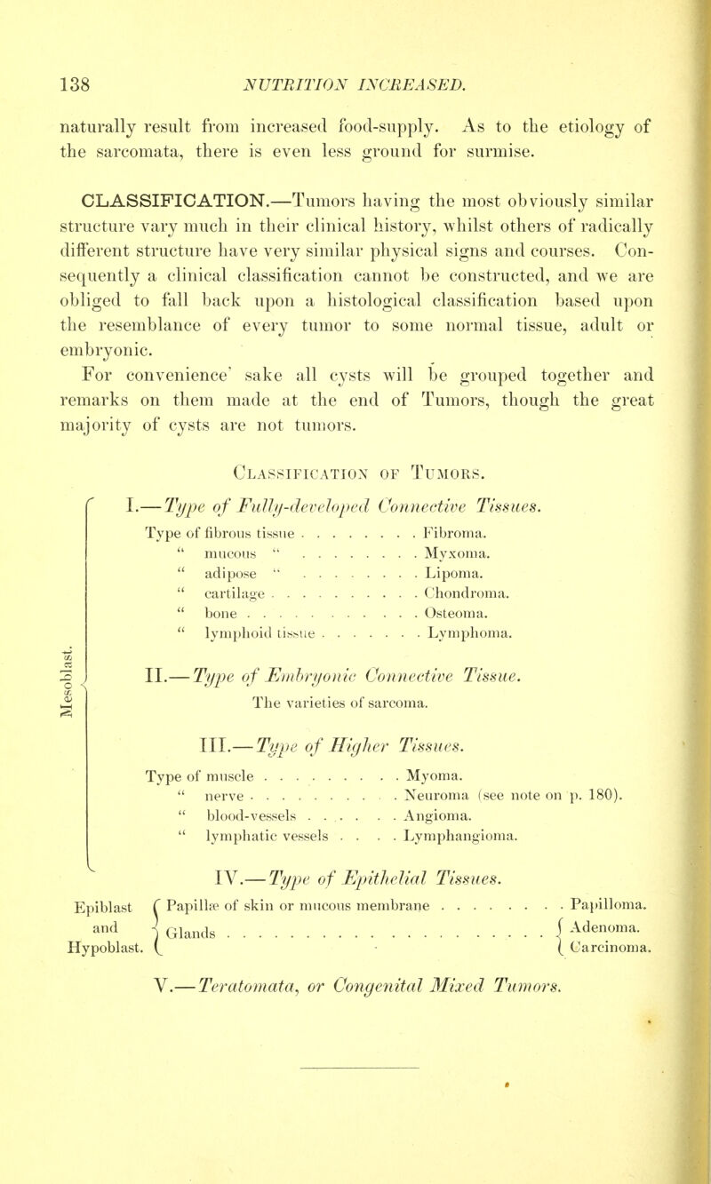 naturally result from increased food-supply. As to the etiology of the sarcomata, there is even less ground for surmise. CLASSIFICATION.—Tumors having the most obviously similar structure vary much in their clinical history, whilst others of radically different structure have very similar physical signs and courses. Con- sequently a clinical classification cannot be constructed, and we are obliged to fall back upon a histological classification based upon the resemblance of every tumor to some normal tissue, adult or embryonic. For convenience' sake all cysts will be grouped together and remarks on them made at the end of Tumors, though the great majority of cysts are not tumors. Classification of Tumors. I.— Type of Fidhi-deindoped Conyiective Tissues. Type of fibrous tissue Fibroma. mucous  Myxoma.  adipose  Lipoma.  cartilage Chondroma.  bone Osteoma.  lymphoid tissue Lymphoma. II.— Type of Embryonic Connective Tissue. The varieties of sarcoma. TIL—Type of Higher Tissues. Type of muscle Myoma.  nerve Neuroma (see note on p. 180). *' blood-vessels .... . . Angioma.  lymphatic vessels .... Lymphangioma. IV.— Type of Epithelial Tissues. Epiblast C Papillae of skin or mucous membrane Papilloma. ] Glands • • • I ^^^^^1^- Hypoblast. ( Carcinoma. V.— Teratomata^ or Congeyiital 3Iixed Tumors.