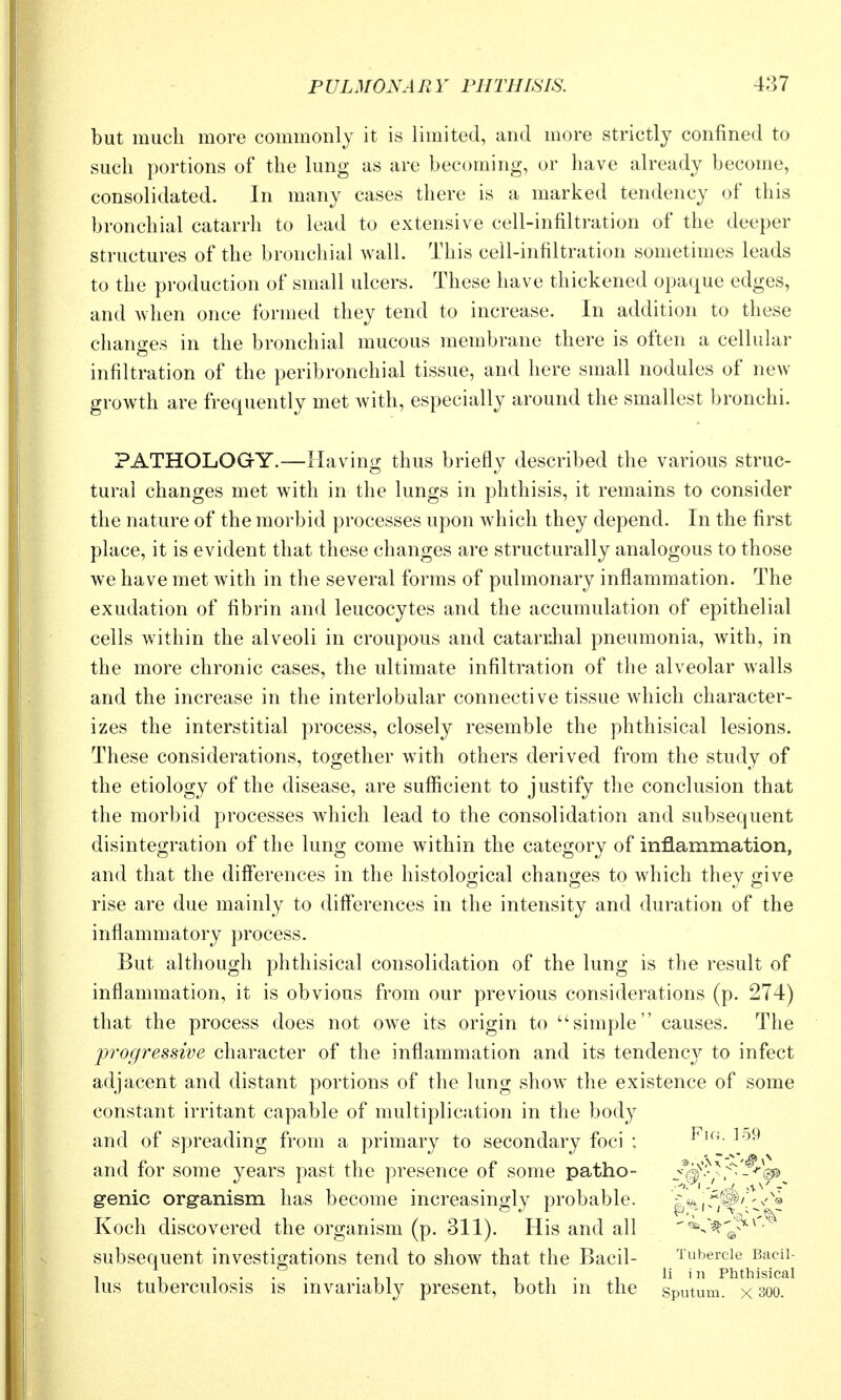but much more commonly it is limited, and more strictly confined to such portions of the lung as are becoming, or have already become, consolidated. In many cases there is a marked tendency of this bronchial catarrh to lead to extensive cell-infiltration of the deeper structures of the bronchial wall. This cell-infiltration sometimes leads to the production of small ulcers. These have thickened opaque edges, and when once formed they tend to increase. In addition to these chano-es in the bronchial mucous membrane there is often a cellular o infiltration of the peribronchial tissue, and here small nodules of new growth are frequently met with, especially around the smallest bronchi. PATHOLOGY.—Having thus briefly described the various struc- tural changes met with in the lungs in phthisis, it remains to consider the nature of the morbid processes upon which they depend. In the first place, it is evident that these changes are structurally analogous to those we have met with in the several forms of pulmonary inflammation. The exudation of fibrin and leucocytes and the accumulation of epithelial cells within the alveoli in croupous and catarrhal pneumonia, with, in the more chronic cases, the ultimate infiltration of the alveolar Avails and the increase in the interlobular connective tissue which character- izes the interstitial process, closely resemble the phthisical lesions. These considerations, together w^ith others derived from the study of the etiology of the disease, are sufficient to justify tlie conclusion that the morbid processes which lead to the consolidation and subsequent disintegration of the lung come within the category of inflammation, and that the differences in the histological changes to which they give rise are due mainly to differences in the intensity and duration of the inflammatory process. But although phthisical consolidation of the lung is the result of inflammation, it is obvious from our previous considerations (p. 274) that the process does not owe its origin to simple causes. The progressive character of the inflammation and its tendenc}^ to infect adjacent and distant portions of the lung show the existence of some constant irritant capable of multiplication in the body and of spreading from a primary to secondary foci ; Imo. lo9 and for some years past the presence of some patho- genie organism has become increasino;ly probable. ,r®'''^''® Koch discovered the organism (p. 311). His and all ^^^^^^'^ subsequent investigations tend to show that the Bacil- Tubercle Bacii- , , , . . . , , 11-1 li in Phthisical lus tuberculosis is invariably present, both m the sputum, x 300.