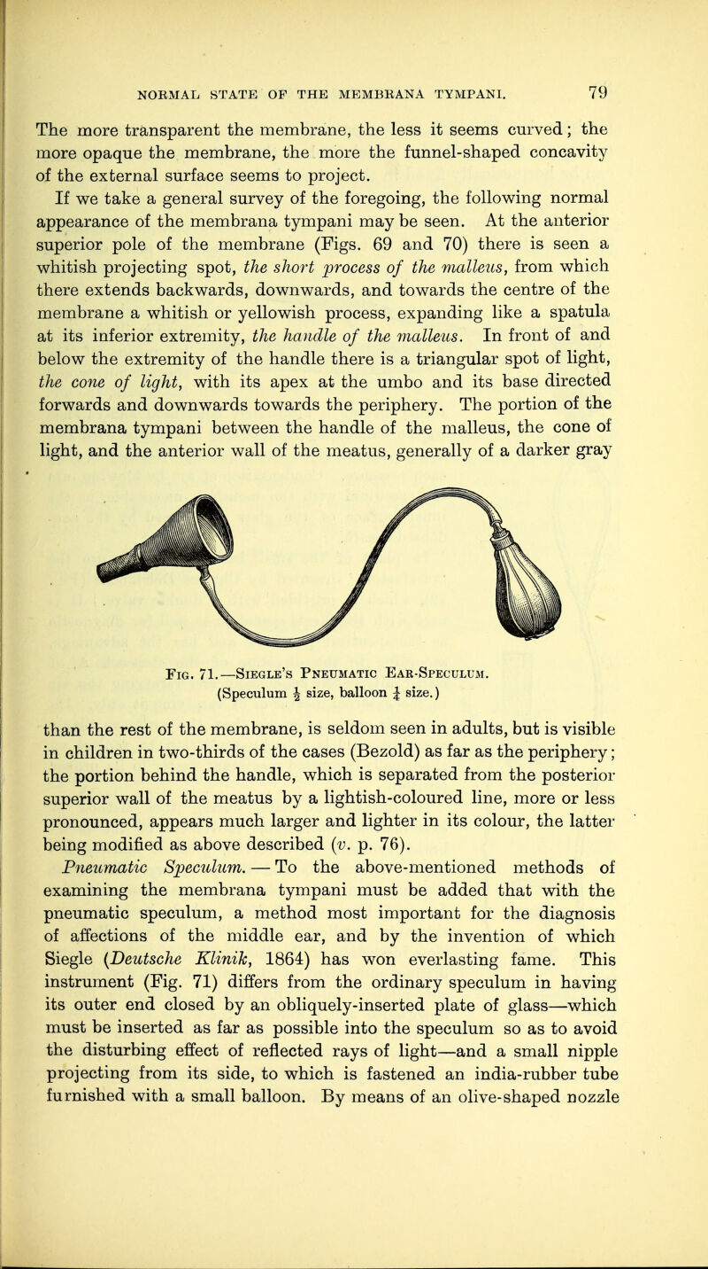 The more transparent the membrane, the less it seems curved; the more opaque the membrane, the more the funnel-shaped concavity of the external surface seems to project. If we take a general survey of the foregoing, the following normal appearance of the membrana tympani may be seen. At the anterior superior pole of the membrane (Figs. 69 and 70) there is seen a whitish projecting spot, the short process of the malleus, from which there extends backwards, downwards, and towards the centre of the membrane a whitish or yellowish process, expanding like a spatula at its inferior extremity, the handle of the malleus. In front of and below the extremity of the handle there is a triangular spot of light, the cone of light, with its apex at the umbo and its base directed forwards and downwards towards the periphery. The portion of the membrana tympani between the handle of the malleus, the cone of light, and the anterior wall of the meatus, generally of a darker gray Fig. 71.—Siegle's Pneumatic Ear-Speculum. (Speculum \ size, balloon | size.) than the rest of the membrane, is seldom seen in adults, but is visible in children in two-thirds of the cases (Bezold) as far as the periphery; the portion behind the handle, which is separated from the posterior superior wall of the meatus by a lightish-coloured line, more or less pronounced, appears much larger and lighter in its colour, the latter being modified as above described (v. p. 76). Pneumatic Speculum. — To the above-mentioned methods of examining the membrana tympani must be added that with the pneumatic speculum, a method most important for the diagnosis of affections of the middle ear, and by the invention of which Siegle (Deutsche Klinik, 1864) has won everlasting fame. This instrument (Fig. 71) differs from the ordinary speculum in having its outer end closed by an obliquely-inserted plate of glass—which must be inserted as far as possible into the speculum so as to avoid the disturbing effect of reflected rays of light—and a small nipple projecting from its side, to which is fastened an india-rubber tube furnished with a small balloon. By means of an olive-shaped nozzle