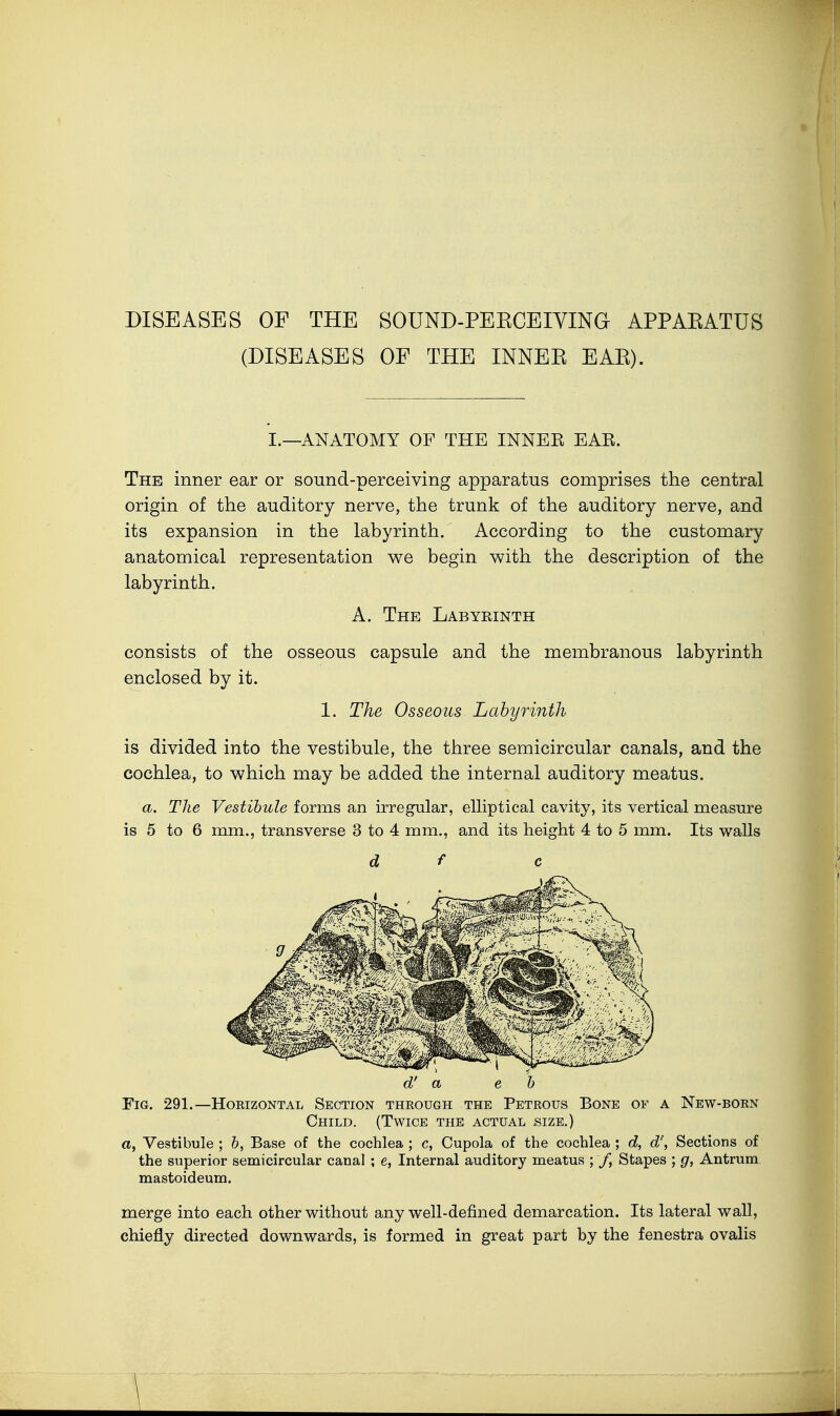 DISEASES OF THE SOÜND-PEECEIYING APPAEATUS (DISEASES OF THE INNER, EAR). I.—ANATOMY OF THE INNEK EAE. The inner ear or sound-perceiving apparatus comprises the central origin of the auditory nerve, the trunk of the auditory nerve, and its expansion in the labyrinth. According to the customary anatomical representation we begin with the description of the labyrinth. A. The Labyeinth consists of the osseous capsule and the membranous labyrinth enclosed by it. 1. The Osseous Labyrinth is divided into the vestibule, the three semicircular canals, and the cochlea, to which may be added the internal auditory meatus. a. The Vestibule forms an irregular, elliptical cavity, its vertical measure is 5 to 6 mm., transverse 3 to 4 mm., and its height 4 to 5 mm. Its walls d f c d' a eh Fig. 291.—Horizontal Section through the Petrous Bone of a New-born Child. (Twice the actual size.) a, Vestibule ; 6, Base of the cochlea ; c, Cupola of the cochlea ; d, d', Sections of the superior semicircular canal ; e, Internal auditory meatus ; f, Stapes ; g, Antrum mastoideum. merge into each other without any well-defined demarcation. Its lateral wall, chiefly directed downwards, is formed in great part by the fenestra ovalis