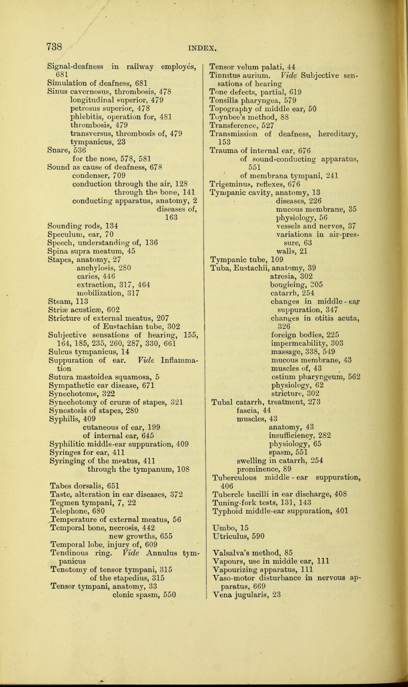 Signal-deafness in railway employes, 681 Simulation of deafness, 681 Sinus cavernosus, thrombosis, 478 longitudinal superior, 479 petrosus superior, 478 phlebitis, operation for, 481 thrombosis, 479 transversus, thrombosis of, 479 tympanicus, 23 Snare, 536 for the nose, 578, 581 Sound as cause of deafness, 678 condenser, 709 conduction through the air, 128 through the bone, 141 conducting apparatus, anatomy, 2 diseases of, 163 Sounding rods, 134 Speculum, ear, 70 Speech, understanding of, 136 Spina supra meatum, 45 Stapes, anatomy, 27 anchylosis, 280 caries, 446 extraction, 317, 464 mobilization, 317 Steam, 113 Striae acusticse, 602 Stricture of external meatus, 207 of Eustachian tube, 302 Subjective sensations of hearing, 155, 164, 185, 235, 260, 287, 330, 661 Sulcus tympanicus, 14 Suppuration of ear. Vide Inflamma- tion Sutura mastoidea squamosa, 5 Sympathetic ear disease, 671 Synechotome, 322 Synechotomy of crurae of stapes, 321 Synostosis of stapes, 280 Syphilis, 409 cutaneous of ear, 199 of internal ear, 645 Syphilitic middle-ear suppuration, 409 Syringes for ear, 411 Syringing of the meatus, 411 through the tympanum, 108 Tabes dorsalis, 651 Taste, alteration in ear diseases, 372 Tegmen tympani, 7, 22 Telephone, 680 .Temperature of external meatus, 56 Temporal bone, necrosis, 442 new growths, 655 Temporal lobe, injury of, 609 Tendinous ring. Vide Annulus tym- panicus Tenotomy of tensor tympani, 315 of the stapedius, 315 Tensor tympani, anatomy, 33 clonic spasm, 550 Tensor velum palati, 44 Tinnitus aurium. Vide Subjective sen- sations of hearing Tone defects, partial, 619 Tonsilla pharyngea, 579 Topography of middle ear, 50 Toynbee's method, 88 Transference, 527 Transmission of deafness, hereditary, 153 Trauma of internal ear, 676 of sound-conducting apparatus, 551 of membrana tympani, 241 Trigeminus, reflexes, 676 Tympanic cavity, anatomy, 13 • diseases, 226 mucous membrane, 35 physiology, 56 vessels and nerves, 37 variations in air-pres- sure, 63 walls, 21 Tympanic tube, 109 Tuba, Eustachii, anatomy, 39 atresia, 302 bougieing, 305 catarrh, 254 changes in middle - ear suppuration, 347 changes in otitis acuta, 326 foreign bodies, 225 impermeability, 303 massage, 338, 549 mucous membrane, 43 muscles of, 43 ostium pharyngeum, 562 physiology, 62 stricture, 302 Tubal catarrh, treatment, 273 fascia, 44 muscles, 43 anatomy, 43 insufficiency, 282 physiology, 65 spasm, 551 swelling in catarrh, 254 prominence, 89 Tuberculous middle - ear suppuration, 406 Tubercle bacilli in ear discharge, 408 Tuning-fork tests, 131, 143 Typhoid middle-ear suppuration, 401 Umbo, 15 Utriculus, 590 Valsalva's method, 85 Vapours, use in middle ear, 111 Vapourizing apparatus, 111 Vaso-motor disturbance in nervous ap- paratus, 669 Vena jugularis, 23