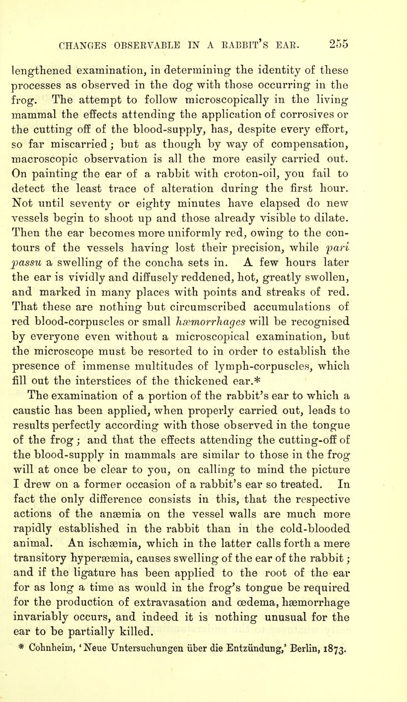 lengthened examination, in determining the identity of these processes as observed in the dog with those occurring in the frog. The attempt to follow microscopically in the living mammal the effects attending the application of corrosives or the cutting off of the blood-supply, has, despite every effort, so far miscarried • but as though by way of compensation, macroscopic observation is all the more easily carried out. On painting the ear of a rabbit with croton-oil, you fail to detect the least trace of alteration during the first hour. Not until seventy or eighty minutes have elapsed do new vessels begin to shoot up and those already visible to dilate. Then the ear becomes more uniformly red, owing to the con- tours of the vessels having lost their precision, while pari passu a swelling of the concha sets in. A few hours later the ear is vividly and diffusely reddened, hot, greatly swollen, and marked in many places with points and streaks of red. That these are nothing but circumscribed accumulations of red blood-corpuscles or small hemorrhages will be recognised by everyone even without a microscopical examination, but the microscope must be resorted to in order to establish the presence of immense multitudes of lymph-corpuscles, which fill out the interstices of the thickened ear.* The examination of a portion of the rabbit's ear to which a caustic has been applied, when properly carried out, leads to results perfectly according with those observed in the tongue of the frog; and that the effects attending the cutting-off of the blood-supply in mammals are similar to those in the frog will at once be clear to you, on calling to mind the picture I drew on a former occasion of a rabbit's ear so treated. In fact the only difference consists in this, that the respective actions of the anasmia on the vessel walls are much more rapidly established in the rabbit than in the cold-blooded animal. An ischsemia, which in the latter calls forth a mere transitory hyperasmia, causes swelling of the ear of the rabbit ; and if the ligature has been applied to the root of the ear for as long a time as would in the frog's tongue be required for the production of extravasation and oedema, haemorrhage invariably occurs, and indeed it is nothing unusual for the ear to be partially killed.