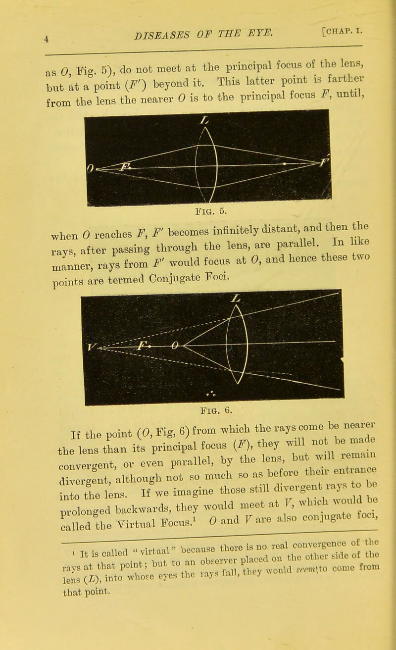 as 0 Fi- 5), do not meet at the principal focus of the lens, but It appoint {F') beyond it. This latter point is farther from the lens the nearer 0 is to the principal focus F, until, Fig. 5. when 0 reaches F, F' becomes infinitely distant, and then the rays, after passing through the lens, are Parallel. In like manner, rays from F' would focus at 0, and hence these two points are termed Conjugate Foci. Fia. 6. If the point (O.Fig, 6) from whick the rays come 1. n«.e the lens than its principal focus (^), they ,.11 ™  convergent, or even parallel, by the lens, but ^v.ll .ema.n d Z^nt, although not so much so as before then, entranc f ; the iLns. I£ we imagine those still ^^^^ pvolonged backwards, they would n=eet at Y, wh.ch would he clued the Virtual Focus.' 0 and V are also conjugate foe, that point.