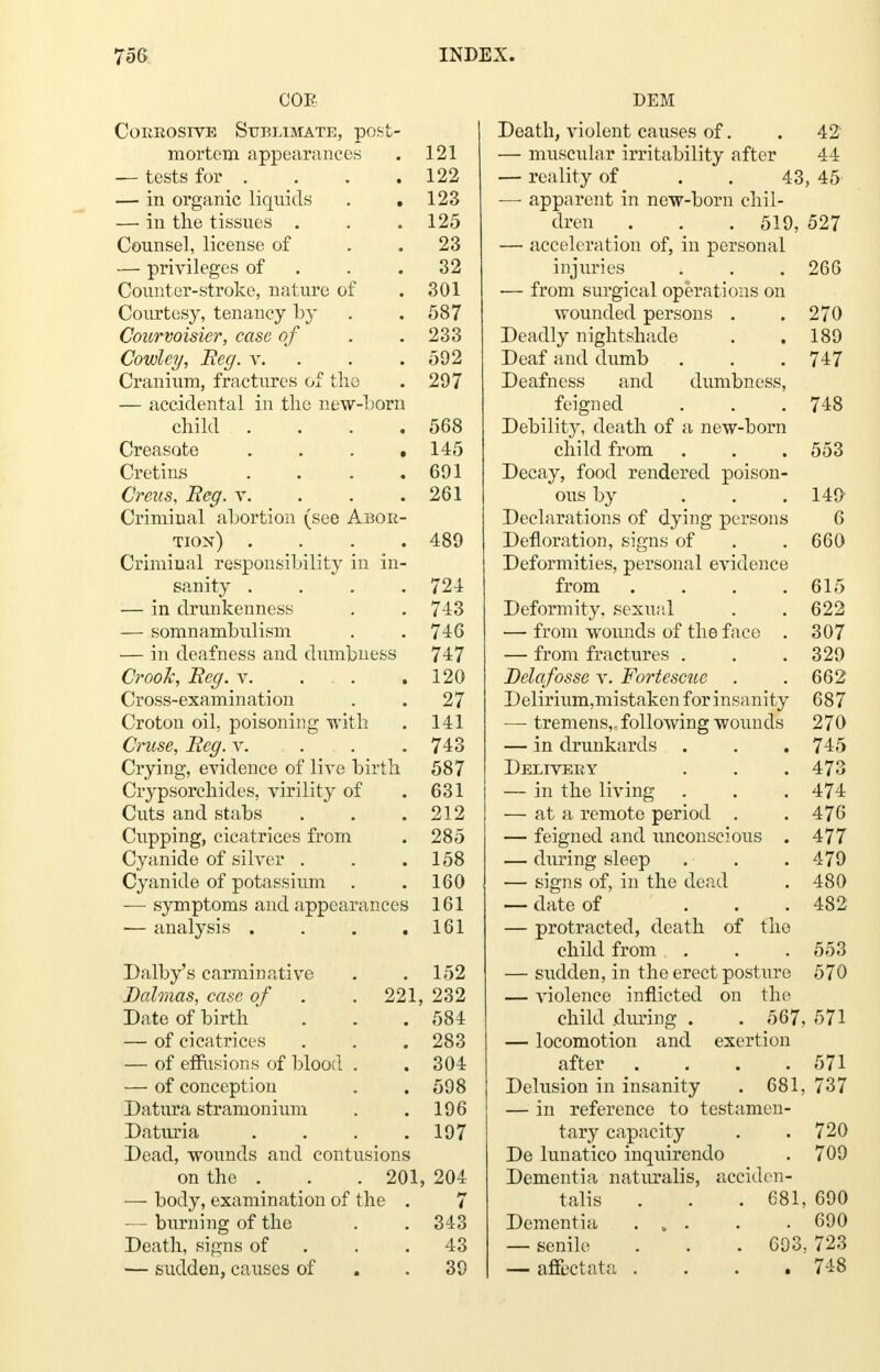 COB Corrosive Sublimate, post- mortem appearances . 121 — tests for . . . .122 — in organic liquids . .123 — in the tissues . . .125 Counsel, license of 23 — privileges of . .32 Counter-stroke, nature of . 301 Courtesy, tenancy by . .587 Courvoider, case of . .233 Cowley, Beg. v. . . .592 Cranium, fractures of the . 297 — accidental in the new-horn child . . . .568 Creasote . . . .145 Cretins . . . .691 Creus, Beg. v. . . .261 Criminal abortion (see Abor- tion) .... 489 Criminal responsibility in in- sanity . . . .724 — in drunkenness . . 743 — somnambulism . . 746 — in deafness and dumbness 747 Crook, Beg. v. . . .120 Cross-examination . . 27 Croton oil, poisoning with . 141 Cruse, Beg. v. 743 Crying, evidence of live birth 587 Crypsorchides, virility of .631 Cuts and stabs . . .212 Cupping, cicatrices from . 285 Cyanide of silver . . .158 Cyanide of potassium . . 160 — symptoms and appearances 161 — analysis . . . .161 Dalby's carminative . .152 Dalmas, case of . . 221, 232 Date of birth . . .584 — of cicatrices . . . 283 — of effusions of blood . . 304 — of conception . .598 Datura stramonium . . 196 Daturia . . . .197 Dead, wounds and contusions on the . . . 201, 204 — body, examination of the . 7 — burning of the . . 343 Death, signs of . .43 — sudden, causes of .39 DEM Death, violent causes of. . 42 — muscular irritability after 44 — reality of . . 43, 45 — apparent in new-born chil- dren . . . 519, 527 — acceleration of, in personal injuries . . .266 — from surgical operations on wounded persons . .270 Deadly nightshade . .189 Deaf and dumb . . . 747 Deafness and dumbness, feigned . . .748 Debility, death of a new-born child from . . . 553 Decay, food rendered poison- ous by ... 149 Declarations of dying persons 6 Defloration, signs of . . 660 Deformities, personal evidence from . . . .615 Deformity, sexual . .622 — from wounds of the face . 307 — from fractures . . .329 Delafosse v. Fortescue . . 662 Delirium,mistaken for insanity 687 —■ tremens,, following wounds 270 — in drunkards . . . 745 Delivery . . .473 — in the living . . . 474 — at a remote period . .476 — feigned and unconscious . 477 — during sleep . . .479 — signs of, in the dead . 480 — date of ... 482 — protracted, death of the child from . . . 553 — sudden, in the erect posture 570 — violence inflicted on the child .during . . 567, 571 — locomotion and exertion after . . . .571 Delusion in insanity . 681, 737 — in reference to testamen- tary capacity . . 720 De lunatico inquirendo . 709 Dementia naturalis, acciden- tal . . . 681, 690 Dementia 690 — senile . . . 693,723 —- affectata .... 748