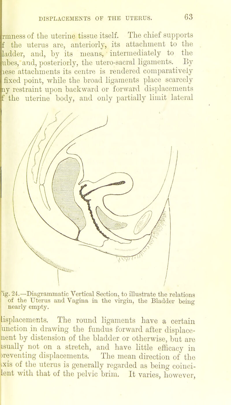 rmness of the uterine tissue itself. The chief supports f the uterus are, anteriorly, its attachment to the ladder, and, by its means, intermediately to the nbes, and, posteriorly, the utero-sacral ligaments. By lese attachments its centre is rendered comparatively fixed point, while the broad ligaments place scarcely ay restraint upon backward or forward displacements f the uterine body, and only partially limit lateral 'ig. 2i.—Diagrammatic Vertical Section, to illustrate the relations of the Uterus and Vagina in the virgin, the Bladder being nearly empty. lisplacemcnts. The round ligaments have a certain unction in drawing the fundus forward after displace- nent by distension of the bladder or otherwise, but are isually not on a stretch, and have little efficacy in Preventing displacements. The mean direction of the ixis of the uterus is generally regarded as being coinci- lent with that of the pelvic brim. It varies, however,