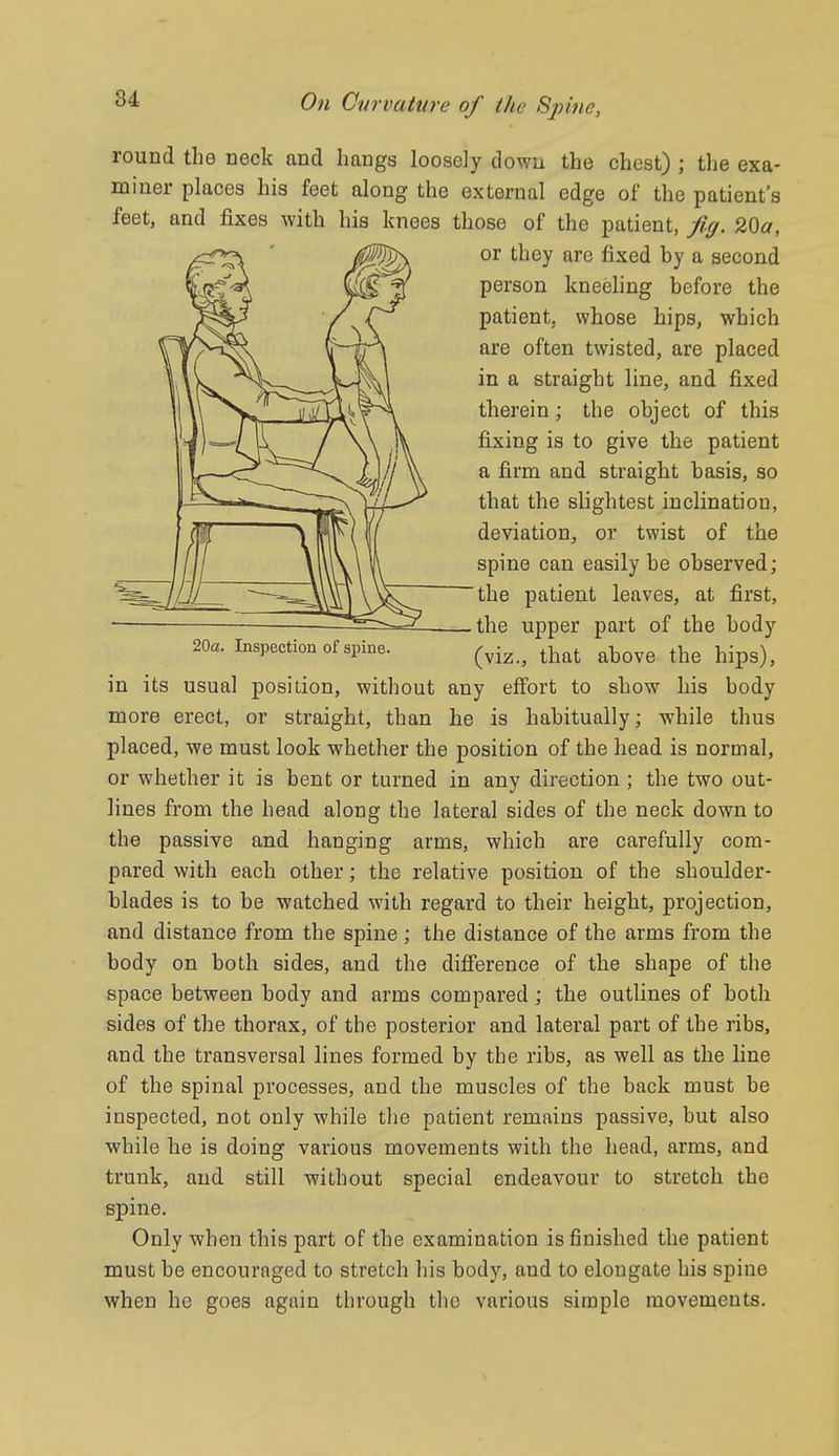 round the neck and hangs loosely down the chest); the exa- miner places his feet along the external edge of the patient's feet, and fixes with his knees those of the patient, fig. 2Qa, or they are fixed by a second person kneehng before the patient, whose hips, which are often twisted, are placed in a straight line, and fixed therein; the object of this fixing is to give the patient a firm and straight basis, so that the slightest inclination, deviation, or twist of the spine can easily be observed; the patient leaves, at first, the upper part of the body 20a. Inspection of spine. ^^^^^ ^y^^^ ^^^^^ ^y^Q j^ips), in its usual position, without any effort to show his body more erect, or straight, than he is habitually; while thus placed, we must look whether the position of the head is normal, or whether it is bent or turned in any direction ; the two out- lines from the head along the lateral sides of the neck down to the passive and hanging arms, which are carefully com- pared with each other; the relative position of the shoulder- blades is to be watched with regard to their height, projection, and distance from the spine ; the distance of the arms from the body on both sides, and the difference of the shape of the space between body and arms compared; the outlines of both sides of the thorax, of the posterior and lateral part of the ribs, and the transversal lines formed by the ribs, as well as the line of the spinal processes, and the muscles of the back must be inspected, not only while the patient remains passive, but also while he is doing various movements with the head, arras, and trunk, and still without special endeavour to stretch the spine. Only when this part of the examination is finished the patient must be encouraged to stretch his body, and to elongate his spine when he goes again through the various simple movements.