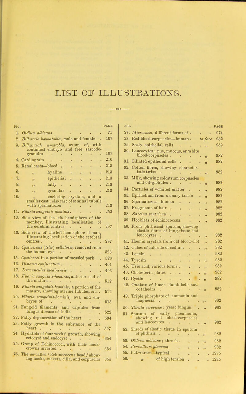 LIST OF ILLUSTRATIONS. nu. a. 2. 3. 4. 5. 6. 7. 8. 9. 10. 11. 12. 13. 14. 15. 16. 17. 18. 19. 20. 21. 22. 23. 24 25. 26. PAGE Otdium albicans .... 71 Bilharzia heematobia, male and female . 107 Bilharziah eematobia, ovum of, with contained embryo and free sarcode- granules 107 Cardiogram 210 Renal casts—blood 213 „ hyaline .... 213 „ epithelial .... 213 „ fatty 213 granular .... 213 „ enclosing crystals, and a smaller cast; also cast of seminal tubule with spermatozoa ... 213 Filaria sanguinis-hominis. . . . 252 Side view of the left hemisphere of the monkey, illustrating localisation of the cerebral centres .... 297 Side view of the left hemisphere of man, illustrating localisation of the cerebral centres 297 Cysticercus (telee) celluloses, removed from the human eye Cysticerci in a portion of measled pork Distoma conjunctum..... Dracunculus medinensis .... Filaria sanguinis-hominis, anterior end of the mature Filaria sanguinis-hominis, a portion of the mature, showing uterine tubules, &c.. Filaria sanguinis-hominis, ova and em- bryos of Fungoid filaments and capsules from fungus disease of India Fatty degeneration of the heart Fatty growth in the substance of the heart Hydatids of four weeks' growth, showing ectocyst and endocyst .... Group of Echinoeocci, with their hook- crowns inverted The Bo-called ' Echinococcus head,' show- ing hooks, suckers, cilia, and corpuscles 323 323 401 403 512 512 513 522 594 597 654 664 654 FIO. 27. 3Iicrococci, different forms of . 28. Red blood-corpuscles—human. to face 29. Scaly epithelial cells 30. Leucocytes ; pus, mucous, or white blood-corpuscles . 31. Ciliated epithelial cells . 32. Cotton fibres, showing character- istic twist .... 33. Milk, showing colostrum corpuscles and oil-globules . 34. Particles of vomited matter . 35. Epithelium from urinary tracts 36. Spermatozoa—human . . 37. Fragments of hair . . 38. Sarcina ventriculi . 39. Hooklets of echinococcus 40. From phthisical sputum, showing elastic fibres of lung-tissue and leucocytes .... 41. Hsemin crystals from old blood-clot 42. Cubes of chloride of sodium 43. Leucin 44. Tyrosin .... 45. Uric acid, various forms . . 46. Cholesterin plates . . . 47. Cystin i 48. Oxalate of lime : dumb-bells and octahedra .... 49. Triple phosphate of ammonia and magnesia .... 50. Torula cercvisim: yeast fungus 61. Sputum of early pneumonia, snowing red blood-corpuscles and leucocytes 62. Shreds of elastic tissue in sputum of phthisis .... 63. OUJi'im albicans; thrush. 64. Peiiicillium glaucum . . 55. Pul.^-trace—typical 56. „ of high tension .