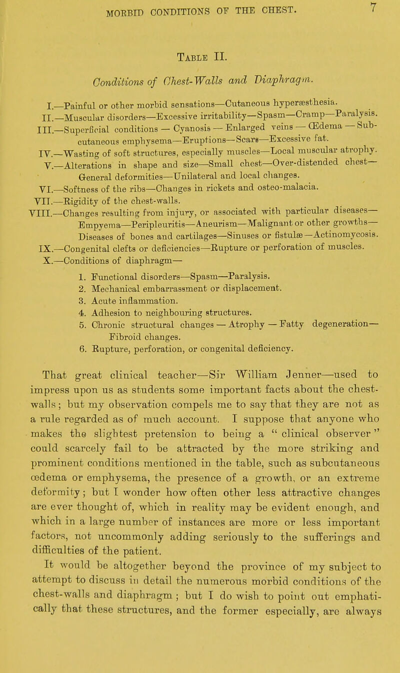 Table II. Conditions of Chest-Walls and Viaphragin. I.—Painful or other morbid sensations—Cutaneous hyperffistliesia. II.—Muscular disorders—Excessive irritability—Spasm—Cramp—Paralysis. III. —Superficial conditions — Cyanosis — Enlarged veins — (Edema — Sub- cutaneous emphysema—Eruptions—Scare—Excessive fat. IV. —Wasting of soft structures, especially muscles—Local muscular atrophy, v.—Alterations in shape and size—Small chest—Over-distended chest- General deformities—Unilateral and local changes. YI.—Softness of the ribs—Changes in rickets and osteo-malacia. VIT.—Rigidity of the chest-walls. VIII.—Changes resulting from injury, or associated with particular diseases— Empyema—Peripleuritis—Aneurism—Malignant or other growths- Diseases of bones and cartilages—Sinuses or fistulse—Actinomycosis. IX.—Congenital clefts or deficiencies-Eupture or perforation of muscles. X.—Conditions of diaphragm— 1. Eunctional disorders—Spasm—Paralysis. 2. Mechanical embarrassment or displacement. 3. Acute inflammation. 4. Adhesion to neighbouring structures. 5. Chronic structural changes — Atrophy — Fatty degeneration— Fibroid changes. 6. Rupture, perforation, or congenital deficiency. That great clinical teacher—Sir William Jenner—used to impress upon us as students some important facts about the chest- walls ; but my observation compels me to say that they are not as a rule regarded as of much account. I suppose that anyone who makes the slightest pretension to being a  clinical observer could scarcely fail to be attracted by the more striking and prominent conditions mentioned in the table, such as subcutaneous oedema or emphysema, the presence of a growth, or an extreme deformity ; but T wonder how often other less attractive changes are ever thought of, which in reality may be evident enough, and which in a lai'ge number of instances are more or less important factors, not uncommonly adding seriously to the sufferings and difficulties of the patient. It would be altogether beyond the province of my subject to attempt to discuss in detail the numerous morbid conditions of the chest-walls and diaphragm ; but I do wish to point out emphati- cally that these structures, and the former especially, are always