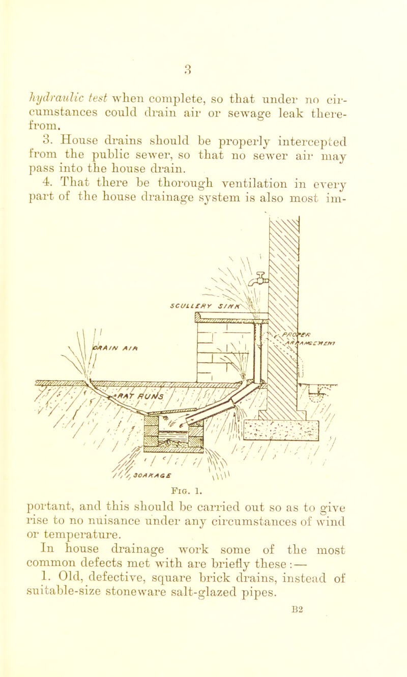 hydraulic te.^t when complete, so that under no cir- cumstances could drain air or sewage leak tliere- from. 3. House drains should be properly intercepted from the public sewer, so that no sewer air may pass into the house di-ain. 4. That there be thoi'ough ventilation in every part of the house drainage system is also most im- Pio. 1. portant, and this should be cari-ied out so as to give rise to no nuisance under any circumstances of wind or tempcratui'e. In house drainage work some of the most common defects met with are briefly these : — 1. Old, defective, square brick drains, instead of suitable-size stoneware salt-glazed pipes. B2