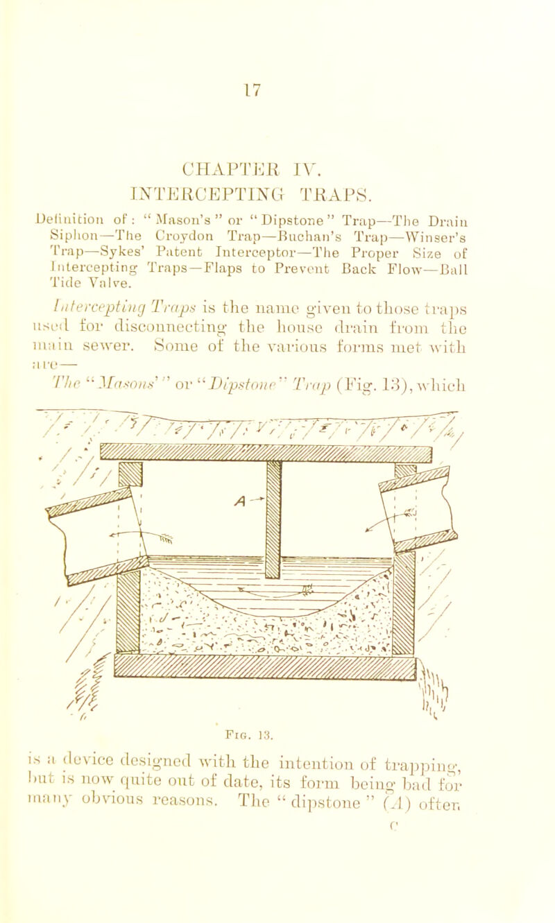 CHAPTER lY. INTERCEPTING TRAPS. JJeliiiition of:  Mason's  or Dipstone Trap—The Drain Siphon—The Croydon Trap—Buohan's Trap—Winser's Trap—Sykes' Patent Interceptoi—The Proper Size of Intercepting Traps —Flaps to Prevent Back Flow—Bail Tide Valre. 1 iiteiri'ptiiirj Traps is the name given totlio.se traps useil for disconnecting the liouse drain from tlio nuiiii sewer. Some of the various forms met with a re— 'I'lie  Masons' or''I)ipsfo)/c Trap (Fig. lo), which Fig. 13. IS a device designed with the intention of trajiping, luit IS now quite out of date, its form being bad for many obvious reasons. The dipstone (A) often