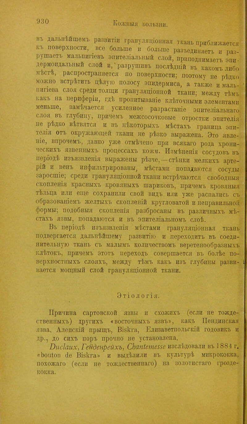 КОЛСПЫЛ ІІОЛІіЗІІИ. въ дальнѣйшемъ разиитіи грануляціоііная гкапытиГяшжаетсл къ поверхности, все больше и больше рахьединяегь и іш- рушаотъ мальпигіевъ эпителіальпый слой, прцподпимаетъ апи- дѳрмоидалыіый слой и, ■ разрупшвъ послѣдиій въ иакомъ либо .мѣстѣ, распространяется по поверхиости; поэтому не рѣдко молспо встрѣтить цѣлую полосу эпидермиса, а также и маль- гіигіева слоя среди толщи грануляціоппой ткани; между тѣм ь какъ на перифѳріи, гдѣ пропитыпаніе клѣточными элементами меньше, замѣчается усиленное разрастаніе эпителіальнагм слоя въ глубину, причемъ межсосочковые отростки эпителія не рѣдко вѣтвятся и въ пѣкоторыхъ мѣстахъ граница эпи- телія отъ окрулсающей ткани не рѣзко выражена. Это явле- ніе, впрочемъ. давно улсѳ отмѣчено при всякаго рода хропи- чесіспхъ язвенныхъ процессахъ кожи. Измѣненія сосудовъ въ періодѣ изъязвленія вы])ажены рѣзче, —стѣнки мелкихъ арте- рій и венъ инфильтрированы, мѣстами попадаются сосуды заросшіе; среди гі)ануляціоиной ткани встрѣчаются свободныя скопленія краспыхъ кровяныхъ шариковъ, причемъ кровяныл тѣльца или еще сохранили свой видъ или ул^е распались сь образованіемъ лселтыхъ скопленій кругловатой и неправильной формы; подобныя скопленія разбросаны въ разлипныхъ мѣ- стахъ язвы, попадаются и въ эпителіальпомъ слоѣ. Въ періодѣ изъязвлепія мѣстами грапуляціонпая ткавь подвергается дальпѣйшему развитію и переходитъ въ соеди- нительную ткань съ малымъ количествомъ веретепообразвыхъ клѣтокъ, причемъ этотъ переходъ совершается въ болѣе по- верхиостпыхъ слояхъ, между тѣмъ какъ изъ глубины разви- вается мощный слой грануляціонной ткани. Этіологія. Причина сартовской язвы и схолшхъ (если не тожде- ственпыхъ) другихъ «восточныхъ лзвъ», какъ Пендинская язва, Алепскш прыщъ, Віккга, Елизаветпольскій годовикъ п др., до сихъ поръ прочно не установлена. Внсіаих, Гейденрейхъ, СЬап1ете$$е изслѣдовали въ 1884 г. '^Ьоиіоп йе Візкга» и выдѣлили въ культурѣ микрококка, похолсаго (если не тождественнаго) на золотистаго грозде- кокка.