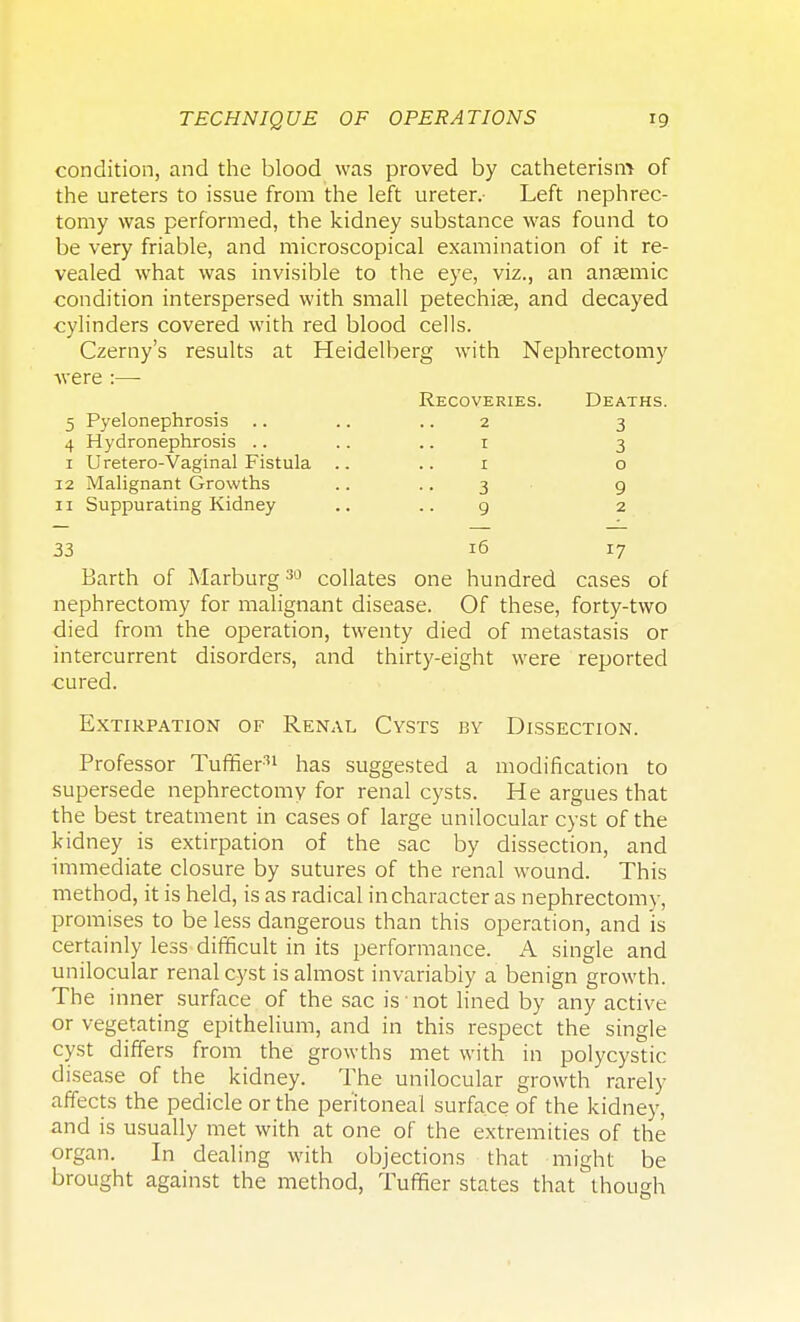 condition, and the blood was proved by catheterism of the ureters to issue from the left ureter.- Left nephrec- tomy was performed, the kidney substance was found to be very friable, and microscopical examination of it re- vealed what was invisible to the eye, viz., an anaemic condition interspersed with small petechias, and decayed cylinders covered with red blood cells. Czerny's results at Heidelberg with Nephrectomy were :— Recoveries. Deaths. 5 Pyelonephrosis .. .. 2 3 4 Hydronephrosis .. .. 1 3 1 Uretero-Vaginal Fistula .. 1 o 12 Malignant Growths .. 3 9 11 Suppurating Kidney .. 9 2 33 16 17 Barth of Marburg30 collates one hundred cases of nephrectomy for malignant disease. Of these, forty-two died from the operation, twenty died of metastasis or intercurrent disorders, and thirty-eight were reported cured. Extirpation of Renal Cysts by Dissection. Professor Tuffier'1 has suggested a modification to supersede nephrectomy for renal cysts. He argues that the best treatment in cases of large unilocular cyst of the kidney is extirpation of the sac by dissection, and immediate closure by sutures of the renal wound. This method, it is held, is as radical in character as nephrectomy, promises to be less dangerous than this operation, and is certainly less difficult in its performance. A single and unilocular renal cyst is almost invariably a benign growth The inner surface of the sac is not lined by any active or vegetating epithelium, and in this respect the single cyst differs from the growths met with in polycystic disease of the kidney. The unilocular growth rarely affects the pedicle or the peritoneal surface of the kidney, and is usually met with at one of the extremities of the organ. In dealing with objections that might be brought against the method, Tuffier states that though