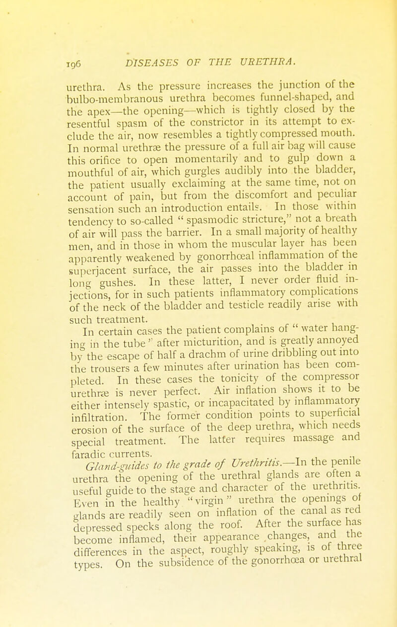 ig6 urethra. As the pressure increases the junction of the bulbo-membranous urethra becomes funnel-shaped, and the apex—the opening—which is tightly closed by the resentful spasm of the constrictor in its attempt to ex- clude the air, now resembles a tightly compressed mouth. In normal urethrse the pressure of a full air bag will cause this orifice to open momentarily and to gulp down a mouthful of air, which gurgles audibly into the bladder, the patient usually exclaiming at the same time, not on account of pain, but from the discomfort and peculiar sensation such an introduction entails. In those within tendency to so-called  spasmodic stricture, not a breath of air will pass the barrier. In a small majority of healthy men, and in those in whom the muscular layer has been apparently weakened by gonorrhceal inflammation of the superjacent surface, the air passes into the bladder in long gushes. In these latter, I never order fluid in- jections, for in such patients inflammatory complications of the neck of the bladder and testicle readily arise with such treatment. In certain cases the patient complains of  water hang- ing in the tube' after micturition, and is greatly annoyed by3 the escape of half a drachm of urine dribbling out into the trousers a few minutes after urination has been com- pleted. In these cases the tonicity of the compressor urethra is never perfect. Air inflation shows it to be either intensely spastic, or incapacitated by inflammatory infiltration. The former condition points to superficial erosion of the surface of the deep urethra, which needs special treatment. The latter requires massage and faradic currents. . Gland-guides to the grade of Urethritis .—In the penile urethra the opening of the urethral glands are often a useful guide to the stage and character of the urethritis Even in the healthy virgin urethra the openings of glands are readily seen on inflation of the canal as red depressed specks along the roof. After the surface has become inflamed, their appearance .changes, and the differences in the aspect, roughly speaking, is of three types On the subsidence of the gonorrhoea or urethral