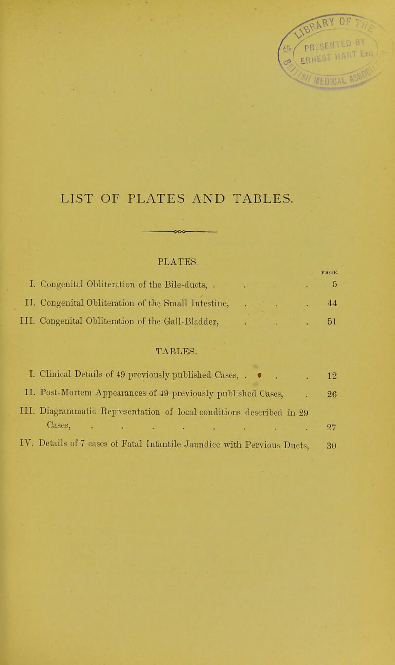 LIST OF PLATES AND TABLES. PLATES. PACK I. Congenital Obliteration of the Bile-ducts, .... 5 IT. Congenital Obliteration of the Small Intestine, . . .44 III. Congenital Obliteration of the Gall-Bladder, . . .51 TABLES. T. Clinical Details of 49 jDreviously published Cases, . f . . 12 II. Post-Mortem Appearances of 49 previously published Cases, . 26 III. Diagrammatic Eepresentation of local conditions described in 29 Cases, 27 IV. Details of 7 cases of Fatal Infantile Jaundice with Pervious Ducts, 30