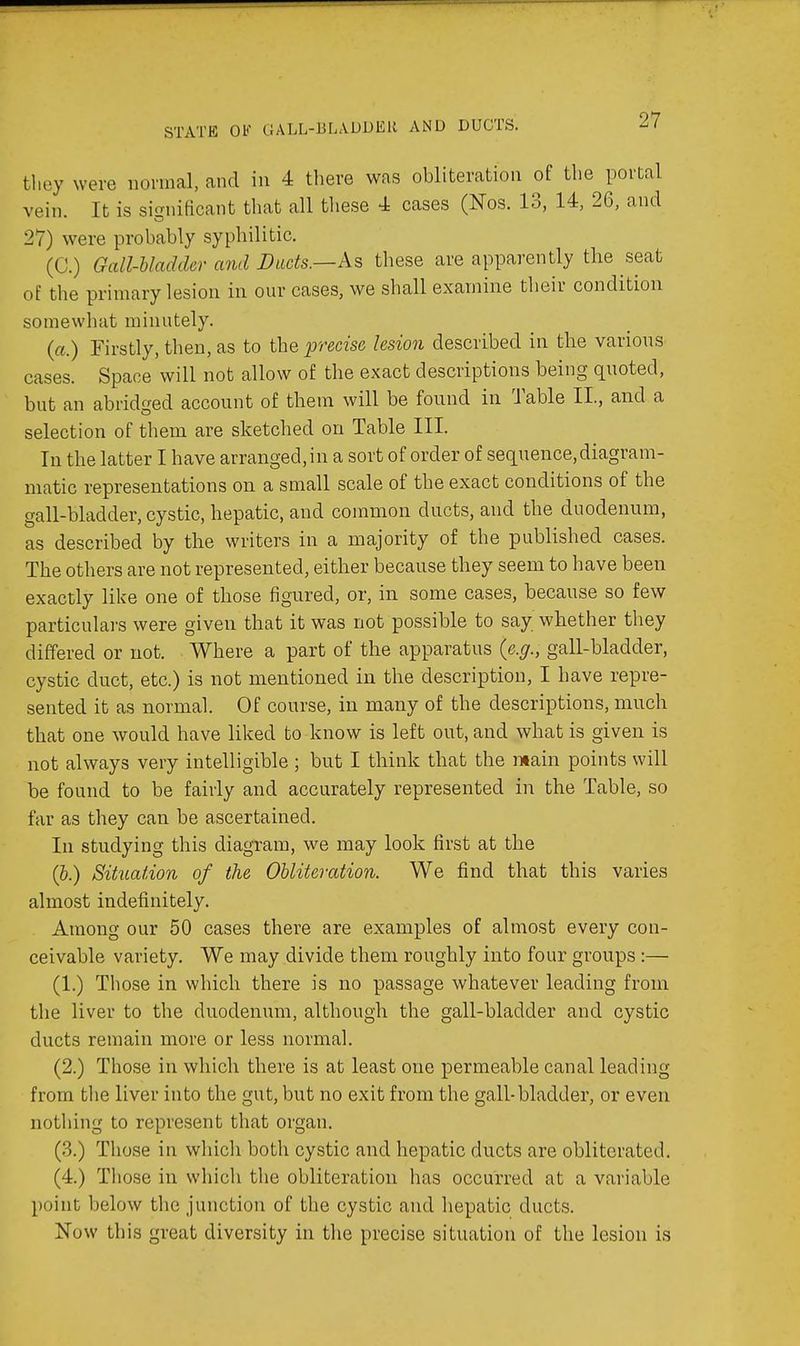 STATE OK GALL-BLAUDEU AND DUCTS. tliey were normal, and in 4 there was obliteration of the portal vein. It is significant that all these 4 cases (Nos. 13, 14, 26, and 27) were probably syphilitic. (C.) Gall-bladder and Duds.—As these are apparently the seat of the primary lesion in our cases, we shall examine their condition somewhat minutely. (a.) Firstly, then, as to the precise lesion described in the varions cases. Space will not allow of the exact descriptions being quoted, but an abridged account of them will be fonnd in 'liable II., and a selection of them are sketched on Table III. In the latter I have arranged, in a sort of order of sequence, diagram- matic representations on a small scale of the exact conditions of the gall-bladder, cystic, hepatic, and common ducts, and the duodenum, as described by the writers in a majority of the published cases. The others are not represented, either because they seem to have been exactly like one of those figured, or, in some cases, because so few particulai's were given that it was not possible to say whether they differed or not. Where a part of the apparatus (e.g., gall-bladder, cystic duct, etc.) is not mentioned in the description, I have repre- sented it as normal. Of course, in many of the descriptions, much that one would have liked to know is left out, and what is given is not always very intelligible ; but I think that the main points will be found to be fairly and accurately represented in the Table, so far as they can be ascertained. In studying this diagram, we may look first at the (b.) Situation of the Obliteration. We find that this varies almost indefinitely. Among our 50 cases there are examples of almost every con- ceivable variety. We may divide them roughly into four groups :— (1.) Those in which there is no passage whatever leading from the liver to the duodenum, although the gall-bladder and cystic ducts remain more or less normal. (2.) Those in which there is at least one permeable canal leading from the liver into the gut, but no exit from the gall-bladder, or even nothing to represent that organ. (3.) Those in wliich both cystic and hepatic ducts are obliterated. (4.) Those in which the obliteration has occurred at a variable point below the junction of the cystic and hepatic ducts. Now this great diversity in the precise situation of the lesion is