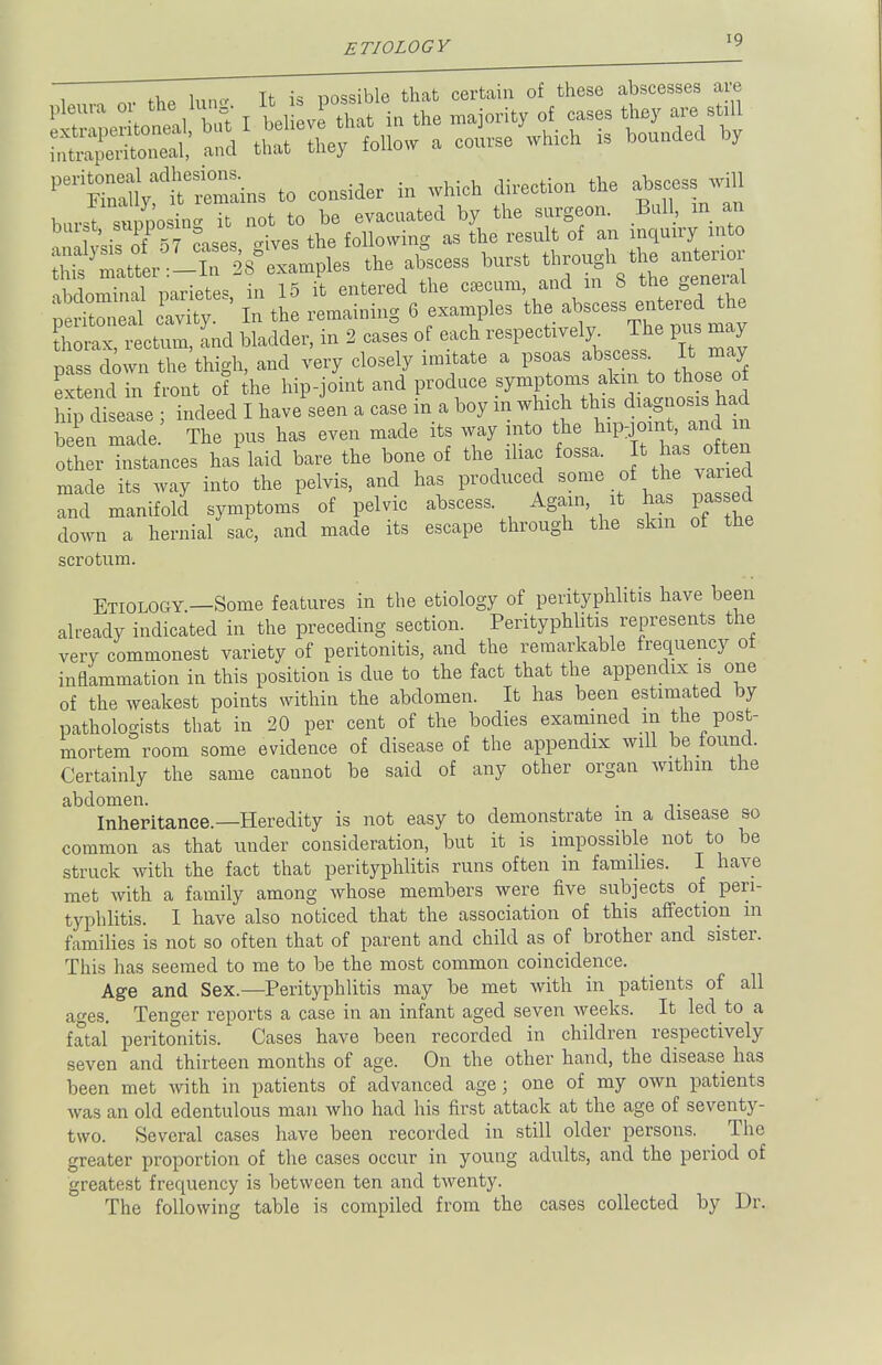 ♦1,* Inner It is possible that certain of these abscesses are burst, supposing; iu following as the result of an inquiry into tiZ&LTXX*. ,4- « Nominal narietes in 15 it entered the caecum, and in b the geneiai £S I- « 6 reXTl6S tht6 Ir^C-ina; Lrax, rectum, and bladder, in 2 cases of each respectively The pus may pass down the thigh, and very closely imitate a psoas, at,sc*. It may extend in front of the hip-joint and produce symptoma a^ AoBerf hip disease j indeed I have seen a case ma boy in which ^ ^ had been made. The pus has even made its way into the hip:Jomt, and 111 her Stances has laid bare the bone of the iliac fossa. It has oto made its way into the pelvis, and has produced some of the varied and manifold symptoms of pelvic abscess Again it has passed down a hernial sac, and made its escape through the skm of the scrotum. Etiology.—Some features in the etiology of perityphlitis have been already indicated in the preceding section. Perityphlitis represents the verv commonest variety of peritonitis, and the remarkable frequency of inflammation in this position is due to the fact that the appendix is one of the weakest points within the abdomen. It has been estimated by pathologists that in 20 per cent of the bodies examined in the post- mortem room some evidence of disease of the appendix will be found. Certainly the same cannot be said of any other organ within the abdomen. . Inheritance.— Heredity is not easy to demonstrate m a disease so common as that under consideration, but it is impossible not to be struck with the fact that perityphlitis runs often in families. I have met with a family among whose members were five subjects of peri- typhlitis. I have also noticed that the association of this affection in families is not so often that of parent and child as of brother and sister. This has seemed to me to be the most common coincidence. Age and Sex.—Perityphlitis may be met with in patients of all ages. Tenger reports a case in an infant aged seven weeks. It led to a fatal peritonitis. Cases have been recorded in children respectively seven and thirteen months of age. On the other hand, the disease has been met with in patients of advanced age; one of my own patients was an old edentulous man who had his first attack at the age of seventy- two. Several cases have been recorded in still older persons. _ The greater proportion of the cases occur in young adults, and the period of greatest frequency is between ten and twenty. The following table is compiled from the cases collected by Dr.