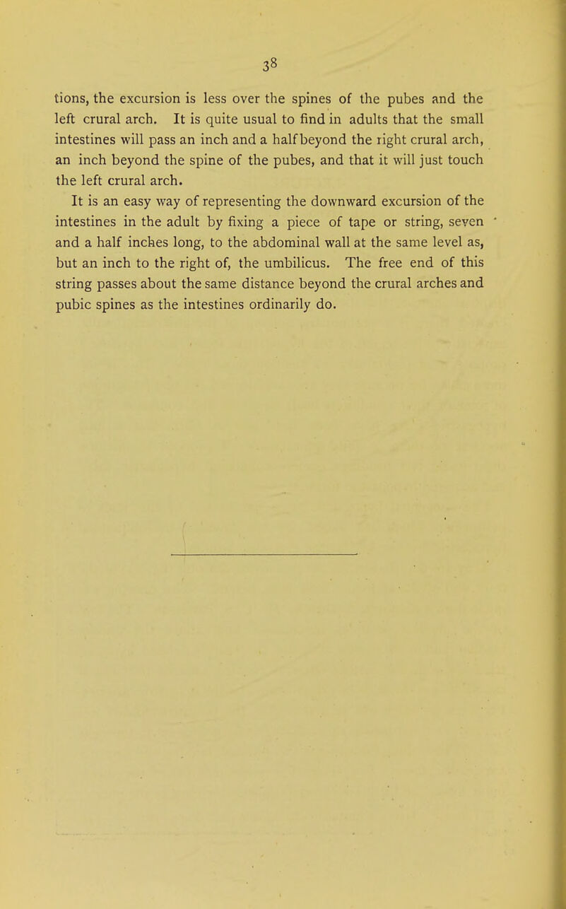 tions, the excursion is less over the spines of the pubes and the left crural arch. It is quite usual to find in adults that the small intestines will pass an inch and a half beyond the right crural arch, an inch beyond the spine of the pubes, and that it will just touch the left crural arch. It is an easy way of representing the downward excursion of the intestines in the adult by fixing a piece of tape or string, seven and a half inches long, to the abdominal wall at the same level as, but an inch to the right of, the umbilicus. The free end of this string passes about the same distance beyond the crural arches and pubic spines as the intestines ordinarily do.
