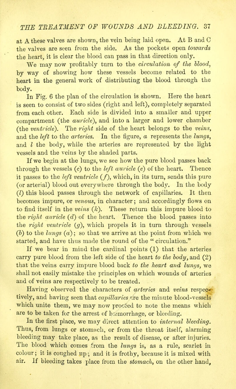 at A these valves are shown, the vein being laid open. At B and C the valves are seen from the side. As the pockets open towards the heart, it is clear the blood can pass in that direction only. We may now profitably turn to the circulation of the hlood, by way of showing how these vessels become related to the heart in the general work of distributing the blood through the body. In Fig. 6 the plan of the circulation is shown. Here the heart is seen to consist of two sides (right and left), completely separated from each other. Each side is divided into a smaller and upper compartment (the auricle), and into a larger and lower chamber (the ventricle). The right side of the heart belongs to the veins, and the left to the arteries. In the figure, a represents the lungs, and I the body, while the arteries are represented by the light vessels and the veins by the shaded parts. If we begin at the lungs, we see how the pure blood passes back through the vessels (c) to the left auricle (e) of the heart. Thence it passes to the left ventricle (/), which, in its turn, sends this pure (or arterial) blood out everywhere through the body. In the body (I) this blood passes through the network of capillaries. It then becomes impure, or venous, in character; and accordingly flows on to find itself in the veins (Jc). These return this impure blood to the right auricle (d) of the heart. Thence the blood passes into the right ventricle {g), w^hich propels it in turn through vessels (b) to the lungs (a); so that we arrive at the point from which we started, and have thus made the round of the  circulation. If we bear in mind the cardinal points (1) that the arteries carry pure blood from the left side of the heart to the body, and (2) that the veins carry impure blood back to the heart and lungs, we shall not easily mistake the principles on which wounds of arteries and of veins are respectively to be treated. Having observed the characters of arteries and veins respep^. tively, and having seen that capillaries zre the minute blood-vessels which unite them, we may now proceed to note the means which are to be taken for the arrest of hcdmorrhage, or bleeding. In the first place, we may direct attention to internal Needing. Thus, from lungs or stomach, or from the throat itself, alarming bleeding may take place, 2is the result of disease, or after injuries. The blood which comes .^rom the lungs is, as a rule, scarlet in colour; it is coughed up and it is frothy, because it is mixed with air. If bleeding takes place from the stomach, on the other hand.