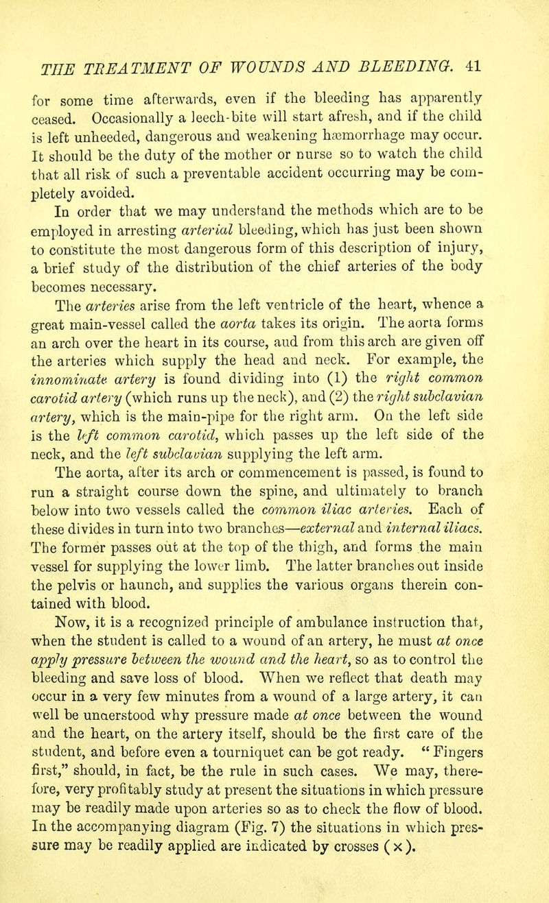 for some time afterwards, even if the bleeding has apparently ceased. Occasionally a Jeech-bite will start afresh, and if the child is left unheeded, dangerous and weakening haemorrhage may occur. It should be the duty of the mother or nurse so to watch the child that all risk of such a preventable accident occurring may be com- Ijletely avoided. In order that we may understand the methods which are to be employed in arresting arterial bleeding, which has just been shown to constitute the most dangerous form of this description of injury, a brief study of the distribution of the chief arteries of the body becomes necessary. The arteries arise from the left ventricle of the heart, whence a great main-vessel called the aorta takes its origin. The aorta forms an arch over the heart in its course, aud from this arch are given off the arteries which supply the head and neck. For example, the innominate artery is found dividing into (1) the right common carotid artery (which runs up the neck), and (2) the right subclavian artery, which is the main-pipe for the right arm. On the left side is the Ifft common carotid, which passes up the left side of the neck, and the left subclavian supplying the left arm. The aorta, after its arch or commencement is passed, is found to run a straight course down the spine, and ultimately to branch below into two vessels called the common iliac arteries. Each of these divides in turn into two branches—external and internal iliacs. The former passes out at the top of the thigh, and forms the main vessel for supplying the lower limb. The latter branches out inside the pelvis or haunch, and supplies the various organs therein con- tained with blood. Now, it is a recognized principle of ambulance instruction that, when the student is called to a wound of an artery, he must at once apply pressure between the wound and the heart, so as to control the bleeding and save loss of blood. When we reflect that death may occur in a very few minutes from a wound of a large artery, it can well be unaerstood why pressure made at once between the wound and the heart, on the artery itself, should be the first care of the student, and before even a tourniquet can be got ready.  Fingers first, should, in fact, be the rule in such cases. We may, there- fore, very profitably study at present the situations in which pressure may be readily made upon arteries so as to check the flow of blood. In the accompanying diagram (Fig. 7) the situations in which pres- sure may be readily applied are indicated by crosses ( x ).