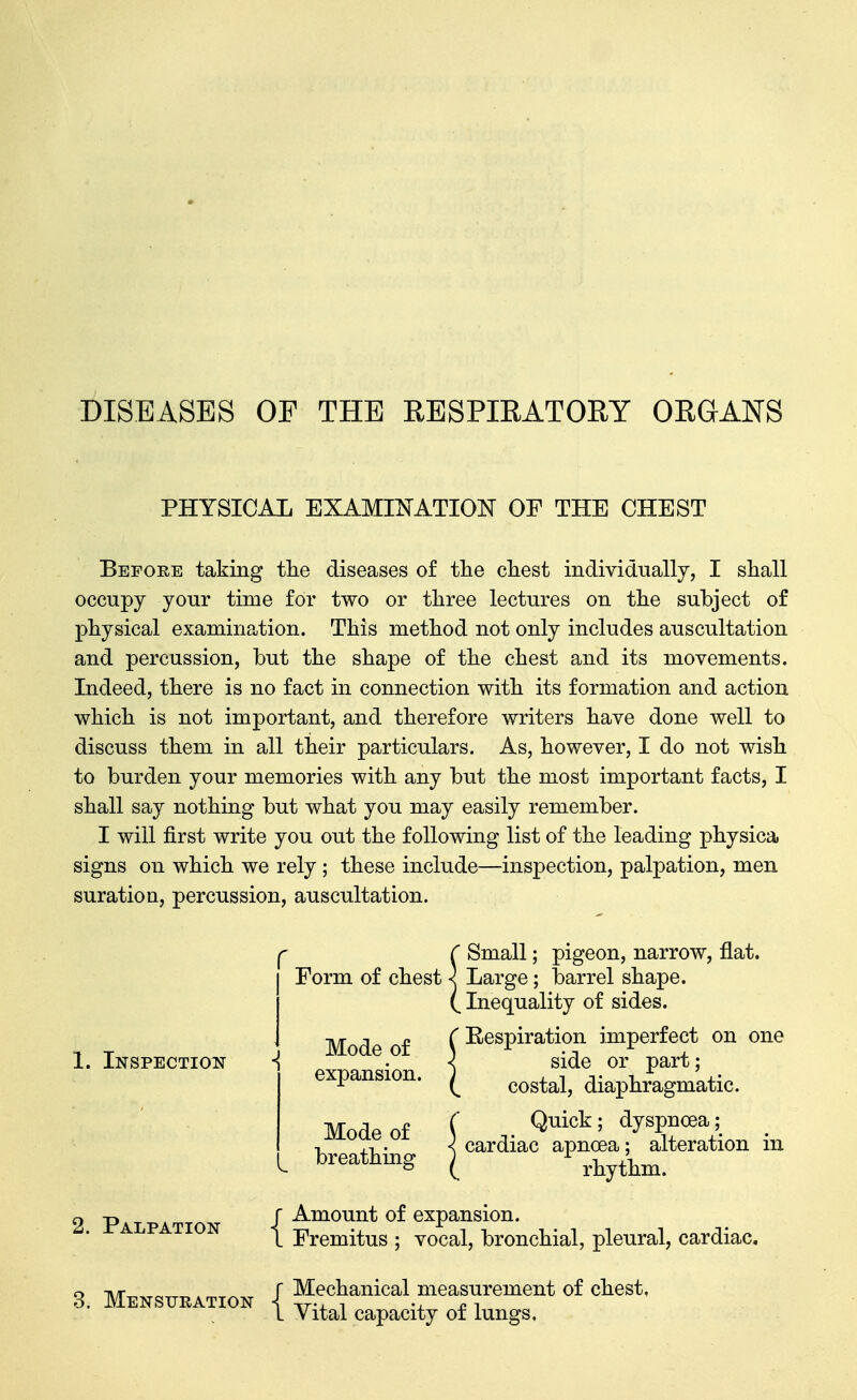 DISEASES OF THE RESPIRATORY ORGANS PHYSICAL EXAMINATION OF THE CHEST Before taking tlie diseases of tlie cliest individually, I sliall occupy your time for two or three lectures on the subject of physical examinpotion. This method not only includes auscultation and percussion, but the shape of the chest and its movements. Indeed, there is no fact in connection with its formation and action which is not important, and therefore writers have done well to discuss them in all their particulars. As, however, I do not wish to burden your memories with any but the most important facts, I shall say nothing but what you may easily remember. I will first write you out the following list of the leading physica signs on which we rely; these include—inspection, palpation, men suration, percussion, auscultation. 2. Palpation f C Small; pigeon, narrow, flat. Form of chest •< Large; barrel shape. (Inequality of sides. 1. Inspection -{ Mod f (^^spi^^'^i^i^ imperfect on one ^ ) side or part; expansion. ^ ^^^^^^^ diaphragmatic. Mode of breathing 1 I Amount of expansion f Quick ; dyspnoea; i cardiac apnoea; alteration in rhythm. Fremitus ; vocal, bronchial, pleural, cardiac. Mechanical measurement of chest, o Tv/r^ , ^ r Mechanical measuremei 3. MENSTJEATION ■{ -xt-i. 1 -J- i: 1 L Vital capacity oi lungs.