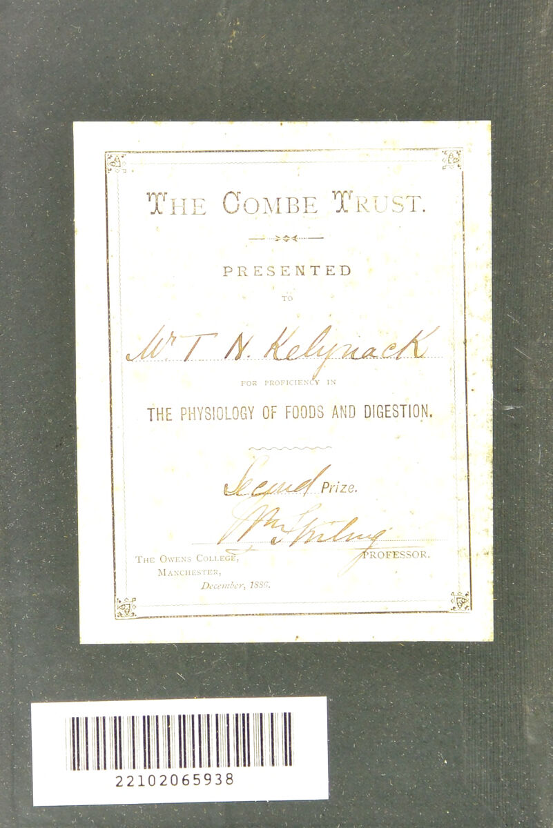 The Combe Trust. THE PHYSIOLOGY OF FOODS AND DIGESTION. Manchester, December, 1SSG. ;^L___——