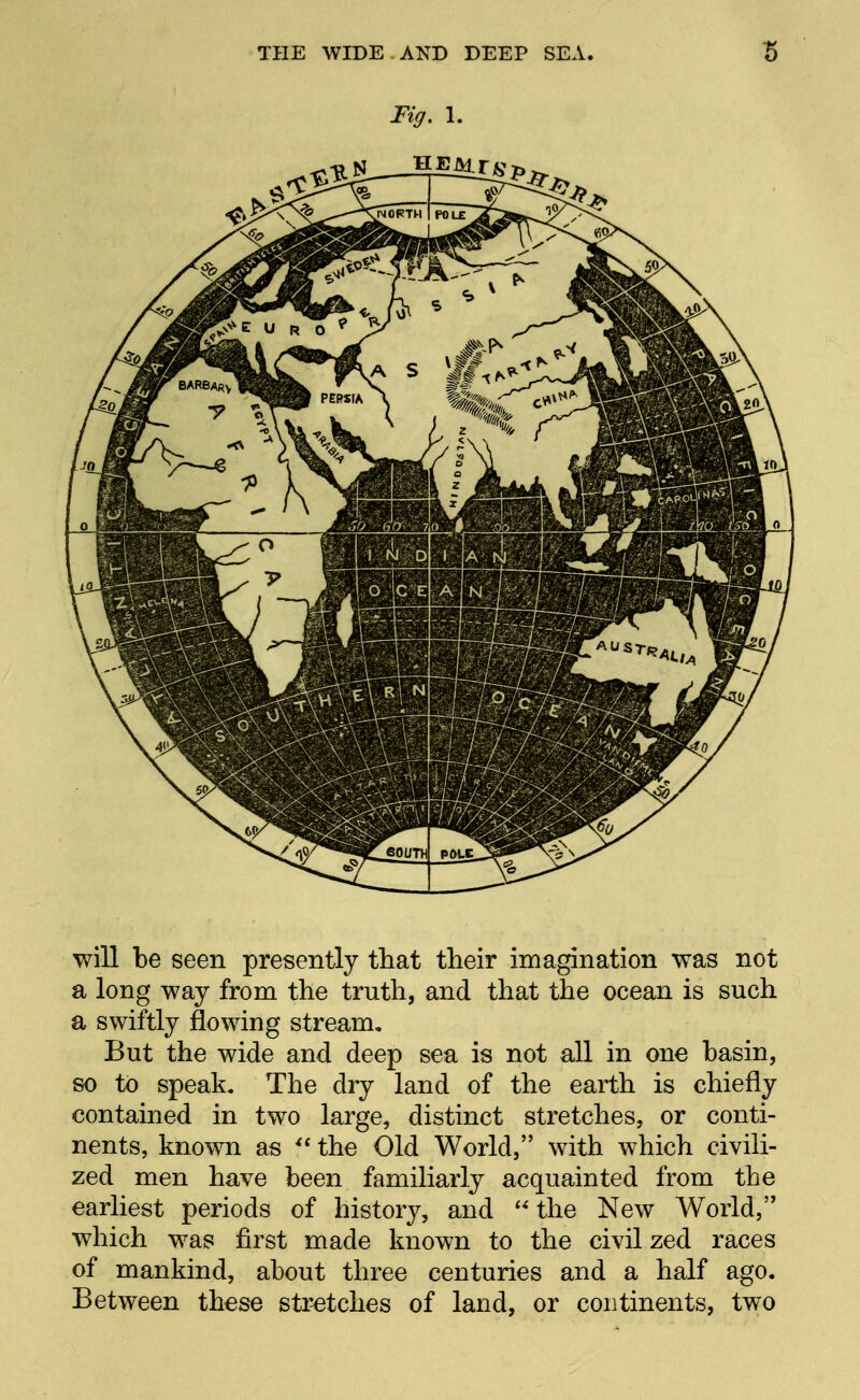 Fig. 1. will be seen presently that their imagination was not a long way from the truth, and that the ocean is such a swiftly flowing stream. But the wide and deep sea is not all in one basin, so to speak. The dry land of the earth is chiefly contained in two large, distinct stretches, or conti- nents, known as the Old World, with which civili- zed men have been familiarly acquainted from the earliest periods of history, and the New World, which w^as first made known to the civil zed races of mankind, about three centuries and a half ago. Between these stretches of land, or continents, two