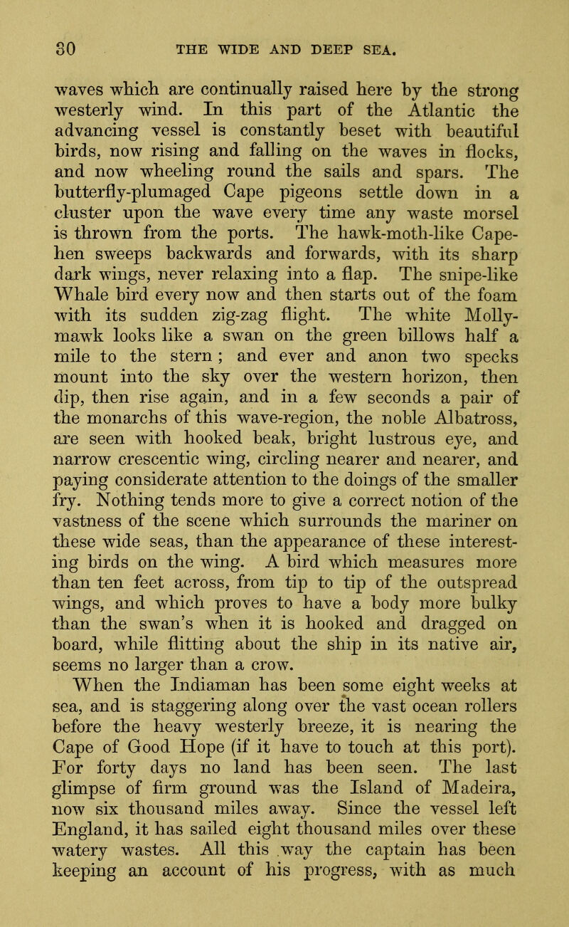 waves wlaich are continually raised here by the strong westerly wind. In this part of the Atlantic the advancing vessel is constantly beset with beautiful birds, now rising and falling on the waves in flocks, and now wheeling round the sails and spars. The butterfly-plumaged Cape pigeons settle down in a cluster upon the wave every time any waste morsel is thrown from the ports. The hawk-moth-like Cape- hen sweeps backwards and forwards, with its sharp dark wings, never relaxing into a flap. The snipe-like Whale bird every now and then starts out of the foam with its sudden zig-zag flight. The white Molly- mawk looks like a swan on the green billows half a mile to the stern; and ever and anon two specks mount into the sky over the western horizon, then dip, then rise again, and in a few seconds a pair of the monarchs of this wave-region, the noble Albatross, are seen with hooked beak, bright lustrous eye, and narrow crescentic wing, circling nearer and nearer, and paying considerate attention to the doings of the smaller fry. Nothing tends more to give a correct notion of the vastness of the scene which surrounds the mariner on these wide seas, than the appearance of these interest- ing birds on the wing. A bird which measures more than ten feet across, from tip to tip of the outspread wings, and which proves to have a body more l3ulky than the swan's when it is hooked and dragged on board, while flitting about the ship in its native air, seems no larger than a crow. When the Indiaman has been some eight weeks at sea, and is staggering along over the vast ocean rollers before the heavy westerly breeze, it is nearing the Cape of Good Hope (if it have to touch at this port). For forty days no land has been seen. The last glimpse of firm ground was the Island of Madeira, now six thousand miles away. Since the vessel left England, it has sailed eight thousand miles over these watery wastes. All this way the captain has been keeping an account of his progress, with as much