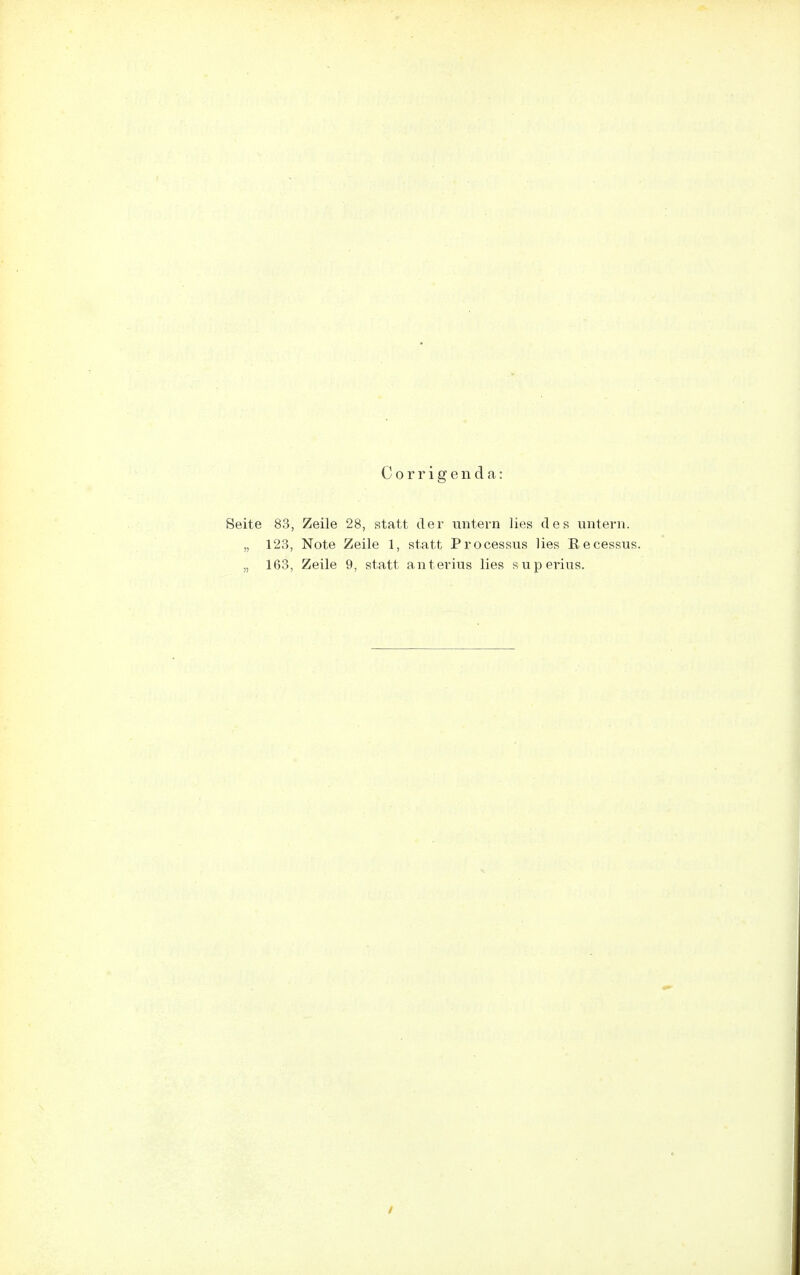 Corrigenda: Seite 83, Zeile 28, statt der untern lies des untern. „ 123, Note Zeile 1, statt Processus lies Eecessus. „ 163, Zeile 9, statt anterius lies superius.