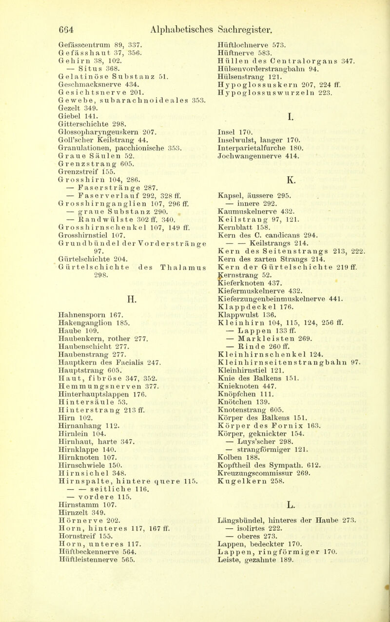 Gefässcentrum 89, 337. Gefässhaut 37, 356. Gehirn 38, 102. — Situs 368. Gelatinöse Substanz 51. Geschmacksnerve 434. Gesichtsnerve 201. Gewebe, subarachnoideales 353. Gezelt 349. Giebel 141. Gitter schichte 298. Glossopharyngeuskern 207. Goll'scher Keilstrang 44. Granulationen, pacchionische 353. Graue Säulen 52. Grenzstrang 605. Grenzstreif 155. Grosshirn 104, 286. — Faser stränge 287. — Faser verlauf 292, 328 ff. Grosshirnganglien 107, 296 ff. — graue Substanz 290. — Eand wülste 302 ff. 340. Gross h im Schenkel 107, 149 ff. Grosshirnstiel 107. G r u n d b ü n d e 1 d e r V o r d e r s t r ä n g e 97. Gürtelschichte 204. Gürtelschichte des Thalamus 298. H. Hahnensporn 167. Hakenganglion 185. Haube 109. Haubenkern, rother 277. Haubenschicht 277. Haubenstrang 277. Hauptkern des Facialis 247. Hauptstrang 605. Haut, fibröse 347, 352. Hemmungsnerven 377. Hinterhauptslappen 176. Hintersäule 53. Hinterstrang 213ff. Hirn 102. Hirnanhang 112. Hirnlein 104. Hirnhaut, harte 347. Hirnklappe 140. Hirnknoten 107. Hirnschwiele 150. Hirnsichel 348. Hirnspalte, hintere quere 115. — — seitlich e 116. — vordere 115. Hirnstamm 107. Hirnzelt 349. Hörnerve 202. Horn, hinteres 117, 167 ff. Hornstreif 155. Horn, unteres 117. Hüftbeckennerve 564. Hüftleistennerve 565. Hüftlochnerve 573. Hüftnerve 583. Hüllen des Centraiorgans 347. Hülsen vorder strangbahn 94. Hülsenstrang 121. Hypoglossuskern 207, 224 ff. Hypoglossuswurzeln 223. I. Insel 170. Inselwulst, langer 170. Interparietalfurche 180. Jochwangennerve 414. K. Kapsel, äussere 295. — innere 292. Kaumuskelnerve 432. Keilstrang 97, 121. Kernblatt 158. Kern des C. candicans 294. — — Keilstrangs 214. Kern des Seitenstrangs 213, 222. Kern des zarten Sti-angs 214. Kern der Gürtelschichte 219 ff. Kern sträng 52. Kieferknoten 437. Kiefermuskelnerve 432. Kieferzungenbeinmuskelnerve 441. Klappdeckel 176. Klappwulst 136. Kleinhirn 104, 115, 124, 256 ff. — Lappen 133 ff. — Markleisten 269. — Rinde 260 ff. Kleinhirnschenkel 124. Kleinhirnseitenstrangbahn 97. Kleinhirnstiel 121. Knie des Balkens 151. Knieknoten 447. Knöpfchen 111. Knötchen 139. Knotenstrang 605. Körper des Balkens 151. Körper des Fornix 163. Körper, geknickter 154. — Luys'scher 298. — strangförmiger 121. Kolben 188. Kopftheil des Sympath. 612. Kreuzungscommissur 269. Kugelkern 258. L. Längsbündel, hinteres der Haube 273. — isolirtes 222. — oberes 273. Lappen, bedeckter 170. Lappen, ringförmiger 170. Leiste, gezahnte 189.