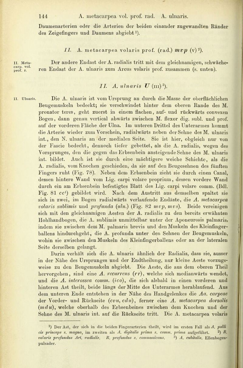 Daumenarterien oder die Arterien der beiden einander zugewandten Ränder des Zeigefingers und Daumens abgiebt i). II. A. metacarpea volaris prof. (rad.) mvp (v) 2). II. Meta- Der andere Endast der A. radialis tritt mit dem gleichnamigen, schwäche- p?of. r°^* ren Endast der A. ulnaris zum Arcus volaris prof. zusammen (s. unten). II. A. ulnaris I7(iii)^). II. Ulnaris. Die A. ulnaris ist vom Ursprung an durch die Masse der oberflächlichen Beugemuskeln bedeckt; sie verschwindet hinter dem oberen Rande des M. Pronator teres, geht zuerst in einem flachen, auf- und rückwärts convexen Bogen, dann genau vertical abwärts zwischen M. flexor dig. subl. und prof. auf der vorderen Fläche der Ulna. Im unteren Drittel des Unterarmes kommt die Arterie wieder zum Vorschein, radialwärts neben der Sehne des M. ulnaris int., den N. ulnaris an der medialen Seite. Sie ist hier, obgleich nur von der Fascie bedeckt, dennoch tiefer gebettet, als die A. radialis, wegen des Vorsprunges, den die gegen das Erbsenbein ansteigende Sehne des M. ulnaris int. bildet. Auch ist sie durch eine mächtigere weiche Schichte, als die A. radialis, vom Knochen geschieden, da sie auf den Beugesehnen des fünften Fingers ruht (Fig. 78). Neben dem Erbsenbein zieht sie durch einen Canal, dessen hintere Wand vom Lig. carpi volare proprium, dessen vordere Wand durch ein am Erbsenbein befestigtes Blatt des Lig. carpi volare comm. (Bdl. Fig. 81 cc^) gebildet wird. Nach dem Austritt aus demselben spaltet sie sich in zwei, im Bogen radialwärts verlaufende Endäste, die A. metacarpea 'volaris sublimis und profunda (uln) (Fig. 82 mvp., mvs). Beide vereinigen sich mit den gleichnamigen Aesten der A. radialis zu den bereits erwähnten Hohlhandbogen, die A. sublimis unmittelbar unter der Aponeurosis palmaris, indem sie zwischen dem M. palmaris brevis und den Muskeln des Kleinfinger- ballens hindurchgeht, die A. profunda unter den Sehnen der Beugemuskeln, wohin sie zwischen den Muskeln des Kleinfingerballens oder an der lateralen Seite derselben gelangt. Darin verhält sich die A. ulnaris ähnlich der Radialis, dass sie, ausser in der Nähe des Ursprunges und der Endtheilung, nur kleine Aeste vorzugs- weise zu den Beugemuskeln abgiebt. Die Aeste, die aus dem oberen Theil hervorgehen, sind eine A. recurrens (rr), welche sich medianwärts wendet, und die A. interossea comm. {ico), die sich alsbald in einen vorderen und hinteren Ast theilt, beide längs der Mitte des Unterarmes herablaufend. Aus dem unteren Ende entstehen in der Nähe des Handgelenkes die Aa. carpeae der Vorder- und Rückseite (cvu,cdu), ferner eine A. metacarpea dorsalis (mdu), welche oberhalb des Erbsenbeines zwischen dem Knochen und der Sehne des M. ulnaris int. auf die Rückseite tritt. Die A. metacarpea volaris ^) Der Ast, der sich in die beiden Fingerarterien theilt, wird im ersten Fall als^. poIU eis princeps s. magna^ im zweiten als -A. digitalis prima s. comm. prima aufgeführt. ^) R. volaris profundus Art, radialis. R, pvofundus s. communicans. ^) A, cuhitalis. Ellenbogen- pulsader.