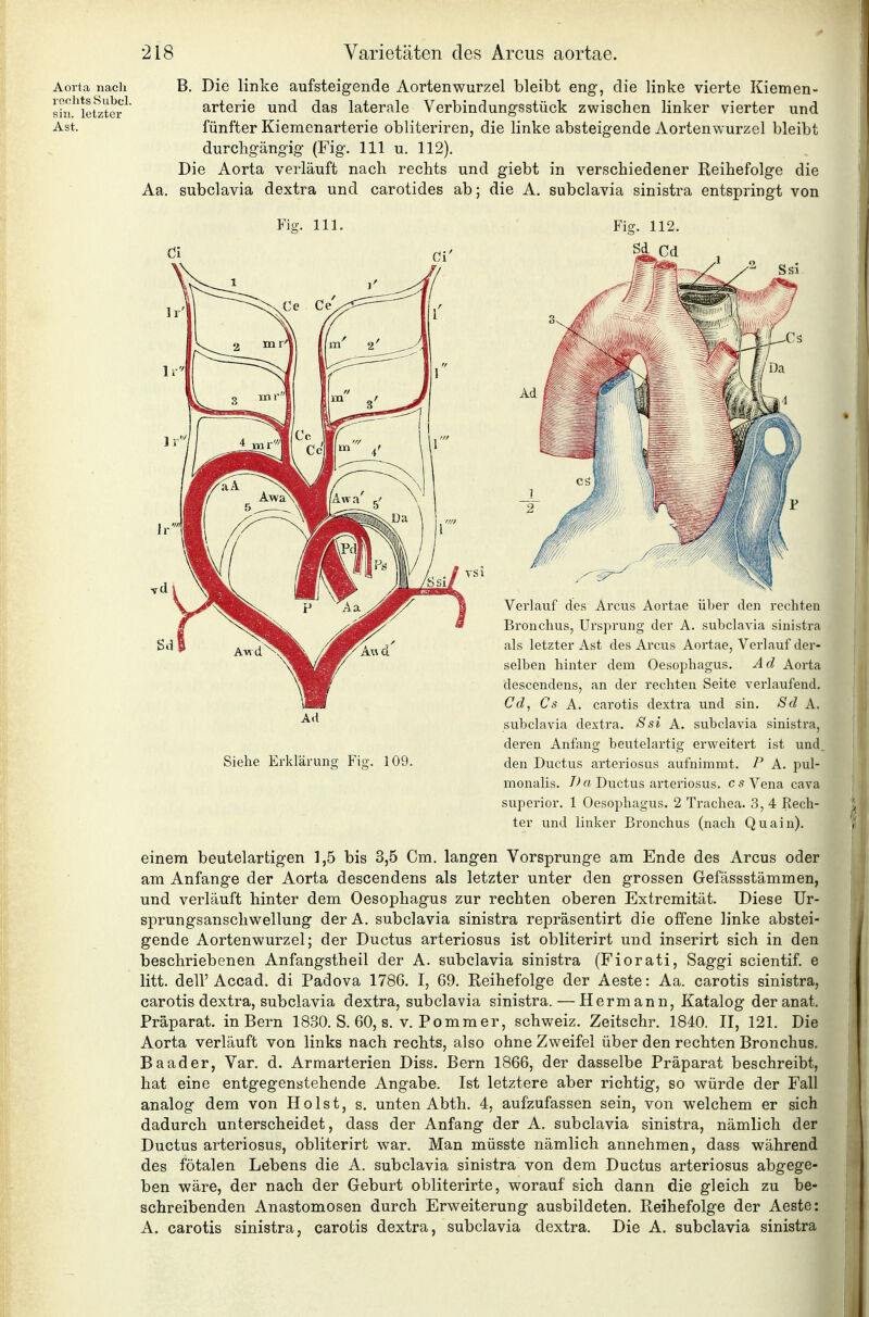 Aorta nach roolits Siibcl. sin. letzter B, Die linke aufsteigende Aortenwurzel bleibt eng, die linke vierte Kiemen- arterie und das laterale Verbindungsstück zwischen linker vierter und fünfter Kiemenarterie obliteriren, die linke absteigende Aortenwurzel bleibt durchgängig (Fig. III u. 112). Die Aorta verläuft nach rechts und giebt in verschiedener Reihefolge die Aa. subclavia dextra und carotides ab; die A. subclavia sinistra entspringt von Fig. III. Siehe Erklärung Fig. 109. Verlauf des Arcus Aortae über den rechten Bronchus, Ursprung der A. subclavia sinistra als letzter Ast des Arcus Aortae, Verlauf der- selben hinter dem Oesophagus. Ad Aorta descendens, an der rechten Seite verlaufend. Cd, Cs A. carotis dextra und sin. Sd A. subclavia dextra. Ssi A. subclavia sinistra, deren Anfang beutelartig erweitert ist und, den Ductus arteriosus aufnimmt. P A. pul- monalis. Z-*« Ductus arteriosus. es Vena cava superior. 1 Oesophagus. 2 Trachea. 3, 4 Rech- ter und linker Bronchus (nach Quain). einem beutelartigen 1,5 bis 3,5 Cm. langen Vorsprunge am Ende des Arcus oder am Anfange der Aorta descendens als letzter unter den grossen Gefässstämmen, und verläuft hinter dem Oesophagus zur rechten oberen Extremität. Diese Ur- sprungsanschwellung der A. subclavia sinistra repräsentirt die offene linke abstei- gende Aortenwurzel; der Ductus arteriosus ist obliterirt und inserirt sich in den beschriebenen Anfangstheil der A. subclavia sinistra (Fiorati, Saggi scientif. e litt, deir Accad. di Padova 1786. I, 69. Reihefolge der Aeste: Aa. carotis sinistra, carotis dextra, subclavia dextra, subclavia sinistra. — Hermann, Katalog deranat. Präparat, in Bern 1830. S. 60, s. v. Pommer, Schweiz. Zeitschr. 1840. II, 121. Die Aorta verläuft von links nach rechts, also ohne Zweifel über den rechten Bronchus. Baader, Var. d. Armarterien Diss. Bern 1866, der dasselbe Präparat beschreibt, hat eine entgegenstehende Angabe. Ist letztere aber richtig, so würde der Fall analog dem von Holst, s. unten Abth. 4, aufzufassen sein, von welchem er sich dadurch unterscheidet, dass der Anfang der A. subclavia sinistra, nämlich der Ductus arteriosus, obliterirt war. Man müsste nämlich annehmen, dass während des fötalen Lebens die A. subclavia sinistra von dem Ductus arteriosus abgege- ben wäre, der nach der Geburt obliterirte, worauf sich dann die gleich zu be- schreibenden Anastomosen durch Erweiterung ausbildeten. Reihefolge der Aeste: A. carotis sinistra, carotis dextra, subclavia dextra. Die A. subclavia sinistra