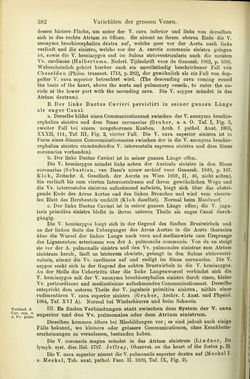 dessen hintere Fläche, um unter der V. cava inferior und links von derselben sich in das rechte Atrium zu öffnen. Sie nimmt an ihrem oberen Ende die V. anonymä brachiocephalica dextra auf, welche quer vor der Aorta nach links verläuft und die sinistra, welche vor der A. carotis communis sinistra gelegen ist, sowie die Y. hemiazygos und im Sulcus atrioventricularis auch die meisten Vv. cardiacae (Halbertsma, Nederl. Tijdschrift voor de Geneesk. 1862, p. 610). Wahrscheinlich gehört hierher auch ein unvollständig beschriebener Fall von Cheselden (Philos. transact. 1713, p. 282), der gewöhnlich als ein Fall von dop- pelter V. Cava superior betrachtet wird. (The descending cava Coming round the basis of the heart, above the aorta and pulmonary vessels, to enter the au- ricle at the lower part with the ascending cava. Die V. azygos mündet in das Atrium dextrum). B. Der linke Ductus Cuvieri persistirt in seiner ganzen Länge als enger Canal. a. Derselbe bildet einen Communicationsast zwischen der Y. anonyma brachio- cephalica sinistra und dem Sinus coronarius (Gruber, a. a. 0. Taf. I, Fig. 3, zweiter Fall bei einem neugeborenen Knaben. Arch. f. pathol. Anat. 1865, XXXII, 114, Taf. III, Fig. 2, vierter Fall. Die Y. cava superior sinistra ist in Form eines dünnen Communicationsastes zwischen der in die Y. anonyma brachio- cephalica sinistra einmündenden Y. intercostalis suprema sinistra und dem Sinus coronarius vorhanden). b. Der linke Ductus Cuvieri ist in seiner ganzen Länge offen. Die Y. hemiazygos mündet links neben der Auricula sinistra in den Sinus coronarius (Sebastian, van Deen's nieuw archief voor Geneesk. 1849, p. 107. Klob, Zeitschr. d. Gesellsch. der Aerzte zu Wien 1859, II, 46, nicht selten). Sie verläuft bis zum vierten Intercostalraum auf ihrem gewöhnlichen Wege und die Yv. intercostales sinistrae aufnehmend aufwärts, biegt sich über das abstei- gende Ende des Arcus Aortae und den linken Bronchus und v^ird vom viscera- len Blatt des Herzbeutels umhüllt (Klob daselbst). Normal beim Maulwurf. c. Der linke Ductus Cuvieri ist in seiner ganzen Länge offen; die Y. jugu- laris primitiva sinistra bleibt in ihrem unteren Theile als enger Canal durch- gängig. Die Y. hemiazygos biegt sich in der Gegend des fünften Brustwirbels und an der linken Seite des Ueberganges des Arcus Aortae in die Aorta thoracica über die Wurzel der linken Lunge nach vorn und medianwärts zum Ursprünge des Ligamentum arteriosum von der A. pulmonalis communis. Yon da an steigt sie vor der A. pulmonalis sinistra und den Yv. pulmonales sinistrae zum Atrium sinistrum herab, läuft an letzterem abwärts, gelangt in den Sulcus atrioventri- cularis, nimmt die Yv. cardiacae auf und endigt im Sinus coronarius. Die Y. azygos senkt sich in der Gegend des achten Brustwirbels in die Y. hemiazygos. An der Stelle des Uebertritts über die linke Lungenwurzel verbindet sich die Y. hemiazygos mit der Y. anonyma brachiocephalica sinistra durch einen, kleine Yv. pericardiacae und mediastinicae aufnehmenden Communicationsast. Derselbe entspricht dem unteren Theile der Y. jugularis primitiva sinistra, mithin einer rudimentären Y. cava superior sinistra (Gruber, Archiv, f. Anat. und Physiol. 1864, Taf. XYI A). Normal bei Wiederkäuern und beim Schwein. Verbind, d. III. Es finden Verbindungen statt zwischen dem System der V. cava d.'^vV!puim. superior und den Vv. pulmonales oder dem Atrium sinistrum. Dieselben kommen öfters bei Missbildungen vor; es sind jedoch auch einige Fälle bekannt, wo kleinere oder grössere Communicationen, ohne Krankheits- erscheinungen zu veranlassen, bestanden haben. Die Y. coronaria magna mündet in das Atrium sinistrum (Lindner, De lymph. syst. diss. Hai. 1787. Jeffray, Observat. on the heart of the foetus p. 2). Die Y. cava superior nimmt die Y.pulmonalis superior dextra auf (Meckel L s. Meckel, Tab. anat. pathol. Fase. II. 1820, Taf. IX, Fig. 2).