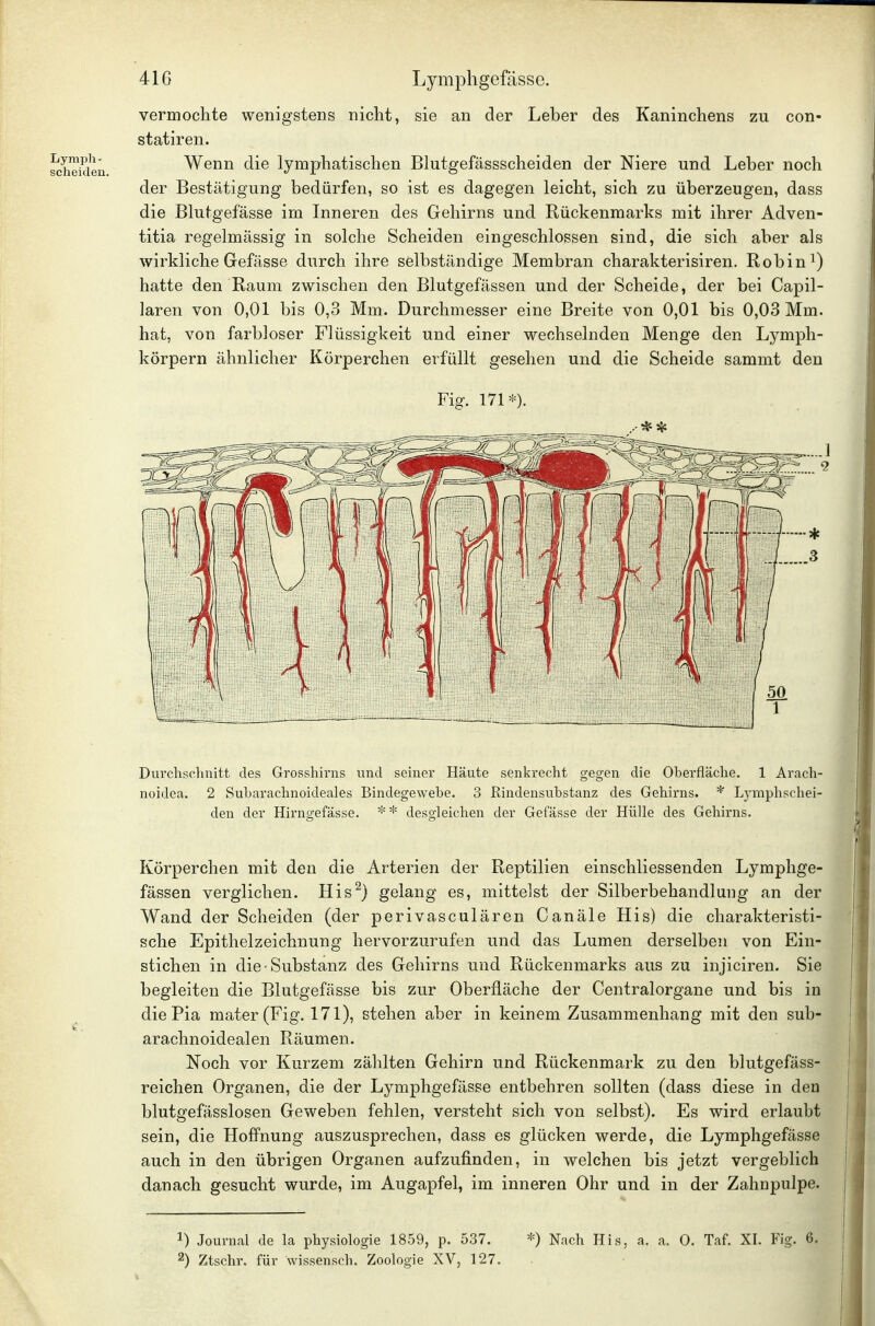 vermochte wenigstens nicht, sie an der Leber des Kaninchens zu con- statiren. Wenn die lymphatischen Blutgefässscheiden der Niere und Leber noch der Bestätigung bedürfen, so ist es dagegen leicht, sich zu überzeugen, dass die Blutgefässe im Inneren des Gehirns und Rückenmarks mit ihrer Adven- titia regelmässig in solche Scheiden eingeschlossen sind, die sich aber als wirkliche Gefässe durch ihre selbständige Membran charakterisiren. Robin ^) hatte den Raum zwischen den Blutgefässen und der Scheide, der bei Capil- laren von 0,01 bis 0,3 Mm. Durchmesser eine Breite von 0,01 bis 0,03 Mm. hat, von farbloser Flüssigkeit und einer wechselnden Menge den Lympli- körpern ähnlicher Körperchen erfüllt gesehen und die Scheide sammt den Fig. 171*). ^ ^ ..• * * Durchschnitt des Grosshirns und seiner Häute senkrecht gegen die Oberfläche. 1 Arach- noidea. 2 Subarachnoideales Bindegewebe. 3 Rindensubstanz des Gehirns. * L3aTiphschei- den der Hirngefässe. * * desgleichen der Gefässe der Hülle des Gehirns. Körperchen mit den die Arterien der Reptilien einschliessenden Lymphge- fässen verglichen. His^) gelang es, mittelst der Silberbehandlung an der Wand der Scheiden (der perivasculären Canäle His) die charakteristi- sche Epithelzeichnung hervorzurufen und das Lumen derselben von Ein- stichen in die Substanz des Gehirns und Rückenmarks aus zu injiciren. Sie begleiten die Blutgefässe bis zur Oberfläche der Centraiorgane und bis in die Pia mater (Fig. 171), stehen aber in keinem Zusammenhang mit den sub- arachnoidealen Räumen. Noch vor Kurzem zählten Gehirn und Rückenmark zu den blutgefäss- reichen Organen, die der Lymphgefässe entbehren sollten (dass diese in den blutgefässlosen Geweben fehlen, versteht sich von selbst). Es wird erlaubt sein, die Hoffnung auszusprechen, dass es glücken werde, die Lymphgefässe auch in den übrigen Organen aufzufinden, in welchen bis jetzt vergeblich danach gesucht wurde, im Augapfel, im inneren Ohr und in der Zahnpulpe. 1) Journal de la physiologie 1859, p. 537. *) Nach His, a. a. 0. Taf. XI. Fig. 6. ^) Ztschr. für wissensch. Zoologie XV, 127.