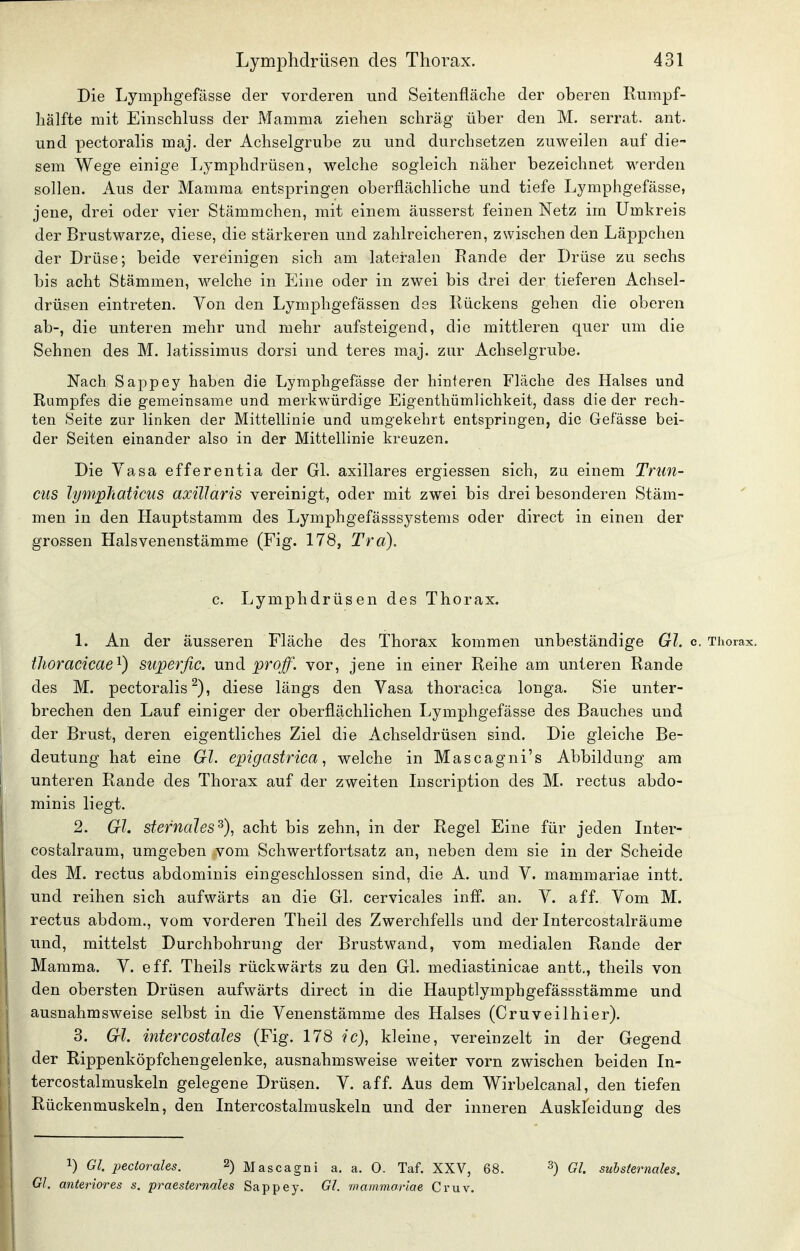 Die Lymphgefässe der vorderen und Seitenfläche der oberen Rumpf- hälfte mit Einschluss der Mamma ziehen schräg über den M. serrat. ant. und pectoralis maj. der Achselgrube zu und durchsetzen zuweilen auf die- sem Wege einige I^ymphdrüsen, welche sogleich näher bezeichnet werden sollen. Aus der Mamma entspringen oberflächliche und tiefe Lymphgefässe, jene, drei oder vier Stämmchen, mit einem äusserst feinen Netz im Umkreis der Brustwarze, diese, die stärkeren und zahlreicheren, zwischen den Läppchen der Drüse; beide vereinigen sich am lateralen Rande der Drüse zu sechs bis acht Stämmen, welche in Eine oder in zwei bis drei der tieferen Achsel- drüsen eintreten. Von den Lymphgefässen des Rückens gehen die oberen ab-, die unteren mehr und mehr aufsteigend, die mittleren quer um die Sehnen des M. latissim^ls dorsi und teres maj. zur Achselgrube. Nach Sappey haben die Lymphgefässe der hinteren Fläche des Halses und Rumpfes die gemeinsame und merkwürdige Eigenthümlichkeit, dass die der rech- ten Seite zur linken der Mittellinie und umgekehrt entspringen, die Gefässe bei- der Seiten einander also in der Mittellinie kreuzen. Die Yasa efferentia der Gl. axillares ergiessen sich, zu einem Trun- cus lymphaticus axillaris vereinigt, oder mit zwei bis drei besonderen Stäm- men in den Hauptstamm des Lymphgefässsystems oder direct in einen der grossen Halsvenenstämme (Fig. 178, Tra). c. Lymphdrüsen des Thorax. 1. An der äusseren Fläche des Thorax kommen unbeständige Gl. c, tJioraeicae'^) superfic. und proff. vor, jene in einer Reihe am unteren Rande des M. pectoralis^), diese längs den Vasa thoracica longa. Sie unter- brechen den Lauf einiger der oberflächlichen Lymphgefässe des Bauches und der Brust, deren eigentliches Ziel die Achseldrüsen sind. Die gleiche Be- deutung hat eine Gl. epigastrica, welche in Mascagni's Abbildung am unteren Rande des Thorax auf der zweiten Inscription des M. rectus abdo- minis liegt. 2. Gl. stefnales^), acht bis zehn, in der Regel Eine für jeden Inter- costalraum, umgeben vom Schwertfortsatz an, neben dem sie in der Scheide des M. rectus abdominis eingeschlossen sind, die A. und V. mammariae intt. und reihen sich aufwärts an die Gl. cervicales inff. an. V. äff. Vom M. rectus abdom., vom vorderen Theil des Zwerchfells und der Intercostalräume und, mittelst Durchbohrung der Brustwand, vom medialen Rande der Mamma. Y. eff. Theils rückwärts zu den Gl. mediastinicae antt., theils von den obersten Drüsen aufwärts direct in die Hauptlymphgefässstämme und ausnahmsweise selbst in die Yenenstämme des Halses (Cruveilhier). 3. Gl. intercostales (Fig. 178 ic), kleine, vereinzelt in der Gegend der Rippenköpfchengelenke, ausnahmsM^eise weiter vorn zwischen beiden In- tercostalmuskeln gelegene Drüsen. Y. äff. Aus dem Wirbelcanal, den tiefen Rückenmuskeln, den Intercostalmuskeln und der inneren Auskleidung des 1) Gl, pectorales. 2) Mascagni a. a. 0. Taf. XXV, 68. ^) Gl. suhsternales. Gl, anteriores s. praesternales Sappey. Gl. mammariae Cruv.