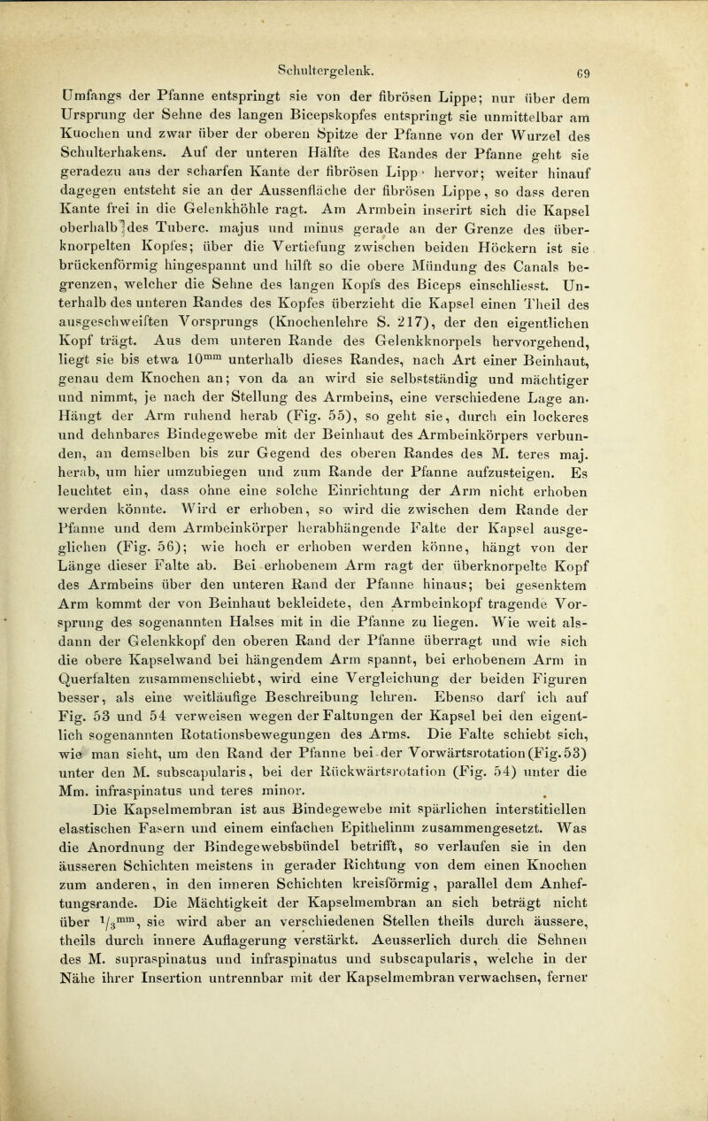 tJmfangs der Pfanne entspringt sie von der fibrösen Lippe; nur über dem Ursprung der Sehne des langen Bicepskopfes entspringt sie unmittelbar am Kuochen und zwar über der oberen Spitze der Pfanne von der Wurzel des Schulterhakens. Auf der unteren Hälfte des Randes der Pfanne geht sie geradezu aus der scharfen Kante der fibrösen Lipp- hervor; weiter hinauf dagegen entsteht sie an der Aussenflache der fibrösen Lippe, so dass deren Kante frei in die Gelenkhöhle ragt. Am Armbein inserirt sich die Kapsel oberhalb^ des Tuberc. majus und minus gerade an der Grenze des über- knorpelten Kopfes; über die Vertiefung zwischen beiden Höckern ist sie brückenförmig hingespannt und hilft so die obere Mündung des Canals be- grenzen, welcher die Sehne des langen Kopfs des Biceps einschliesst. Un- terhalb des unteren Randes des Kopfes überzieht die Kapsel einen Theil des ausgeschweiften Vorsprungs (Knochenlehre S. 217), der den eigentlichen Kopf trägt. Aus dem unteren Rande des Gelenkknorpels hervorgehend, liegt sie bis etwa 10™™ unterhalb dieses Randes, nach Art einer Beinhaut, genau dem Knochen an; von da an wird sie selbstständig und mächtiger und nimmt, je nach der Stellung des Armbeins, eine verschiedene Lage an. Hängt der Arm ruhend herab (Fig. 55), so geht sie, durch ein lockeres und dehnbares Bindegewebe mit der Beinhaut des Armbeinkörpers verbun- den, an demselben bis zur Gegend des oberen Randes des M. teres maj. herab, um hier umzubiegen und zum Rande der Pfanne aufzusteigen. Es leuchtet ein, dass ohne eine solche Einrichtung der Arm nicht erhoben werden könnte. Wird er erhoben, so wird die zwischen dem Rande der Pfanne und dem Armbeinkörper herabhängende Falte der Kapsel ausge- glichen (Fig. 56); wie hoch er erhoben werden könne, hängt von der Länge dieser Falte ab. Bei erhobenem Arm ragt der überknorpelte Kopf des Armbeins über den unteren Rand der Pfanne hinaus; bei gesenktem Arm kommt der von Beinhaut bekleidete, den Armbeinkopf tragende Vor- sprung des sogenannten Halses mit in die Pfanne zu liegen. Wie weit als- dann der Gelenkkopf den oberen Rand der Pfanne überragt und wie sich die obere Kapselwand bei hängendem Arm spannt, bei erhobenem Arm in Querfalten zusammenschiebt, wird eine Vergleichung der beiden Figuren besser, als eine weitläufige Beschreibung lehren. Ebenso darf ich auf Fig. 53 und 54 verweisen wegen der Faltungen der Kapsel bei den eigent- lich sogenannten Rotationsbewegungen des Arms. Die Falte schiebt sich, wie man sieht, um den Rand der Pfanne bei-der Vorwärtsrotation (Fig. 53) unter den M. subscapularis, bei der Rückwärtsrotation (Fig. 54) unter die Mm. infraspinatus und teres minor. Die Kapselmembran ist aus Bindegewebe mit spärlichen interstitiellen elastischen Fasern und einem einfachen Epithelinm zusammengesetzt. Was die Anordnung der Bindegewebsbündel betrifft, so verlaufen sie in den äusseren Schichten meistens in gerader Richtung von dem einen Knochen zum anderen, in den inneren Schiebten kreisförmig, parallel dem Anhef- tungsrande. Die Mächtigkeit der Kapselmembran an sich beträgt nicht über ^/3™™, sie wird aber an verschiedenen Stellen theils durch äussere, theils durch innere Auflagerung verstärkt. Aeusserlich durch die Sehnen des M. supraspinatus und infraspinatus und subscapularis, welche in der Nähe ihrer Insertion untrennbar mit der Kapselmembran verwachsen, ferner