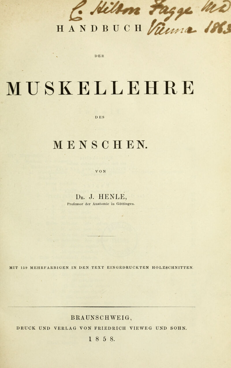 HANDBÜCH ^^t^fiit. /flCl DER MUSKELLEHRE DES MENSCHEN. VON Dr. J. HENLE, Professor der Anatomie in Göltingen. MIT 159 MEHRFARBIGEN IN DEN TEXT EINGEDRUCKTEN HOLZSCHNITTEN. BRAUNSCHWEIG, DRUCK UND VERLAG VON FRIEDRICH VIEWEG UND SOHN.