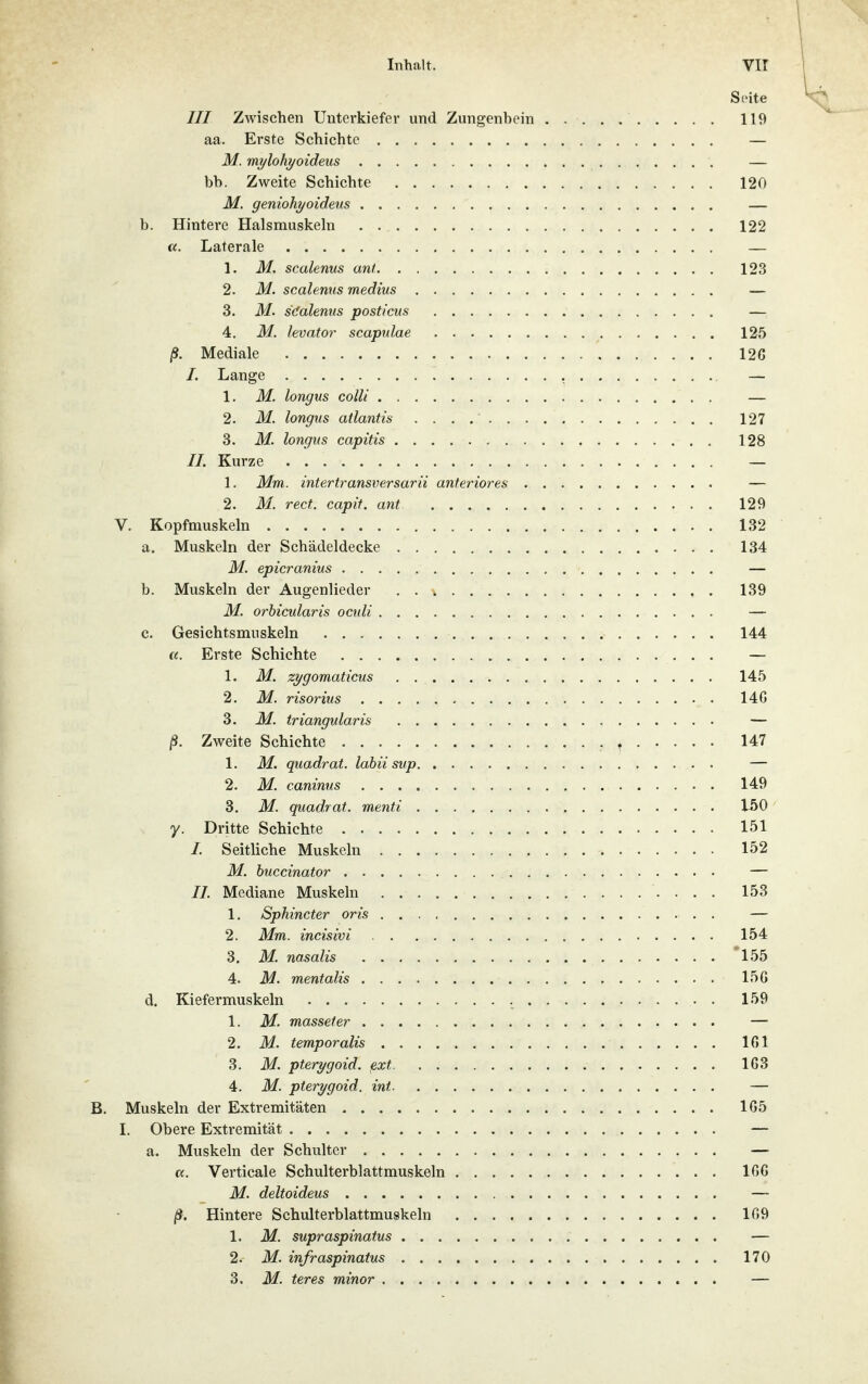 Seite /// Zwischen Unterkiefer und Zungenhein 119 aa. Erste Schichte — M. mylohyoideus — bb. Zweite Schichte 120 M. geniohyoideus — b. Hintere Halsmuskeln 122 (i. Laterale — 1. M. scalenus ant 123 2. M. scalenus medius — 3. M. sdalenus posficus — 4. M. levator scapulae 125 ß. Mediale 126 /. Lange , — 1. M. longus colli — 2. M. longus atlantis 127 3. M. longus capitis 128 //. Kurze — 1. Mm. intertransversarii anteriores — 2. M. rect. capit. ant 129 V. Kopfmuskeln 132 a. Muskeln der Schädeldecke 134 M. epicranius — b. Muskeln der Augenlieder , . 139 M. orhicularis oculi — c. Gesichtsmuskeln 144 «. Erste Schichte — 1. M. zygomaticus 145 2. M. risorius 14G 3. M. triangularis — ß. Zweite Schichte ^ 147 1. M. quadrat. labii sup — 2. M. caninus 149 3. M. quadrat. menti 150 y. Dritte Schichte 151 /. Seitliche Muskeln 152 M. buccinator — //. Mediane Muskeln 153 1. Sphincter oris — 2. Mm. incisivi 154 3. M. nasalis *155 4. M. mentalis 15 G d. Kiefermuskeln . 159 1. M. müsset er — 2. M. temporalis Ifil 3. M. pterygoid. ßxt 163 4. M. pterygoid. int — B. Muskeln der Extremitäten 165 I. Obere Extremität — a. Muskeln der Schulter — a. Verticale Schulterblattmuskeln 166 M. deltoideus — ß. Hintere Schulterblattmuskeln 109 1. M. supraspinatus . — 2. M. infraspinatus 170 3. M. teres minor —