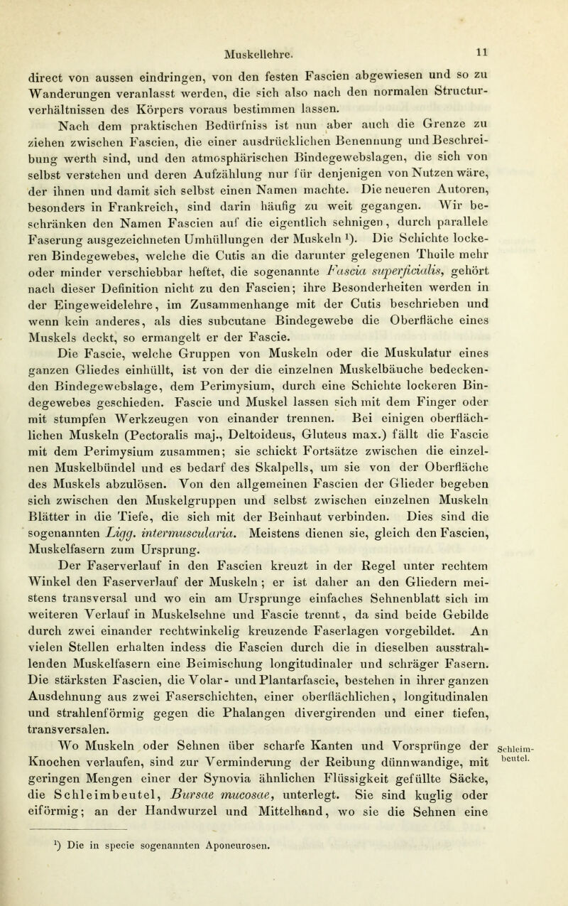 Muskellehre. ^ 1 direct von aussen eindringen, von den festen Fascien abgewiesen und so zu Wanderungen veranlasst werden, die sich also nach den normalen Structur- verhältnissen des Körpers voraus bestimmen lassen. Nach dem praktischen Bedürfniss ist nun aber auch die Grenze zu ziehen zwischen Fascien, die einer ausdrücklichen Benennung und Beschrei- bung Werth sind, und den atmosphärischen Bindegewebslagen, die sich von selbst verstehen und deren Aufzählung nur für denjenigen von Nutzen wäre, der ihnen und damit sich selbst einen Namen machte. Dieneueren Autoren, besonders in Frankreich, sind darin häufig zu weit gegangen. Wir be- schränken den Namen Fascien auf die eigentlich sehnigen, durch parallele Faserung ausgezeichneten Umhüllungen der Muskeln i). Die Schichte locke- ren Bindegewebes, welche die Cutis an die darunter gelegenen Thoile mehr oder minder verschiebbar heftet, die sogenannte Fascia superßcialis, gehört nach dieser Definition nicht zu den Fascien; ihre Besonderheiten werden in der Eingeweidelehre, im Zusammenhange mit der Cutis beschrieben und wenn kein anderes, als dies subcutane Bindegewebe die Oberfläche eines Muskels deckt, so ermangelt er der Fascie. Die Fascie, welche Gruppen von Muskeln oder die Muskulatur eines ganzen Gliedes einhüllt, ist von der die einzelnen Muskelbäuche bedecken- den Bindegewebslage, dem Perimysium, durch eine Schichte lockeren Bin- degewebes geschieden. Fascie und Muskel lassen sich mit dem Finger oder mit stumpfen Werkzeugen von einander trennen. Bei einigen oberfläch- lichen Muskeln (Pectoralis maj., Deltoideus, Gluteus max.) fällt die Fascie mit dem Perimysium zusammen; sie schickt Fortsätze zwischen die einzel- nen Muskelbündel und es bedarf des Skalpells, um sie von der Oberfläche des Muskels abzulösen. Von den allgemeinen Fascien der Glieder begeben sich zwischen den Muskelgruppen und selbst zwischen einzelnen Muskeln Blätter in die Tiefe, die sich mit der Beinhaut verbinden. Dies sind die sogenannten Ligg. intermuscularia. Meistens dienen sie, gleich den Fascien, Muskelfasern zum Ursprung. Der Faserverlauf in den Fascien kreuzt in der Regel unter rechtem Winkel den Faserverlauf der Muskeln; er ist daher an den Gliedern mei- stens transversal und wo ein am Ursprünge einfaches Sehnenblatt sich im weiteren Verlauf in Muskelsehne und Fascie trennt, da sind beide Gebilde durch zwei einander rechtwinkelig kreuzende Faserlagen vorgebildet. An vielen Stellen erhalten indess die Fascien durch die in dieselben ausstrah- lenden Muskelfasern eine Beimischung longitudinaler und schräger Fasern. Die stärksten Fascien, die Volar- und Plantarfascie, bestehen in ihrer ganzen Ausdehnung aus zwei Faserschichten, einer oberflächlichen, longitudinalen und strahlenförmig gegen die Phalangen divergirenden und einer tiefen, transversalen. Wo Muskeln oder Sehnen über scharfe Kanten und Vorsprünge der scWeim- Knochen verlaufen, sind zur Verminderung der Reibung dünnwandige, mit geringen Mengen einer der Synovia ähnlichen Flüssigkeit gefüllte Säcke, die Schleimbeutel, Bursae mucosae, unterlegt. Sie sind kuglig oder eiförmig; an der Handwurzel und Mittelhand, wo sie die Sehnen eine ^) Die in specie sogenannten Aponeurosen.
