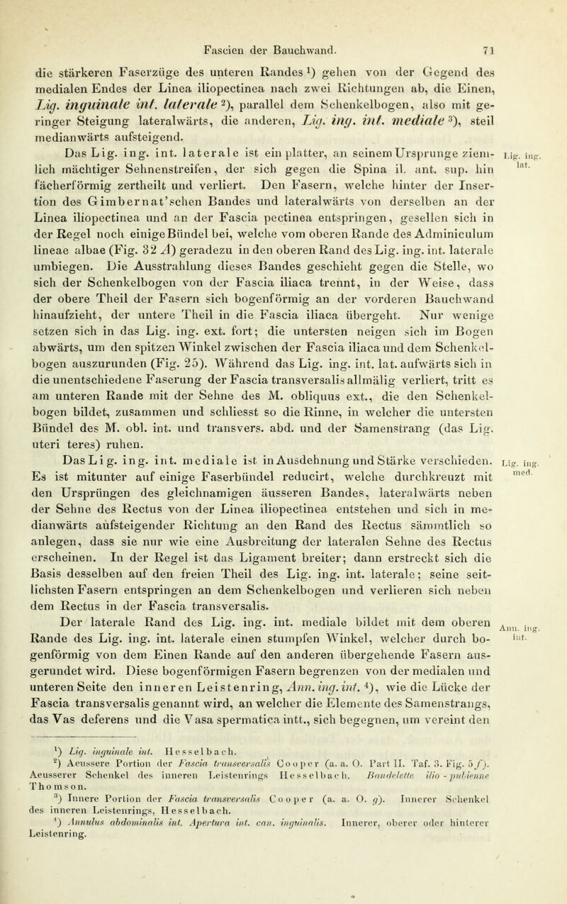die stärkeren Faserziige des unteren Randes i) gehen von der Cicgend des medialen Endes der Linea iliopectinea nach zwei Richtungen ab, die Einen, Lig. inguinale int. lateraleparallel dem Schenkelbogen, also mit ge- ringer Steigung lateralwärts, die anderen, JMj. ine/, int. mediale steil medianwärts aufsteigend. Das Lig. ing. int. laterale ist ein platter, an seinem Ursprünge ziem- ug-, i,i lieh mächtiger Sehnenstreifen, der sich gegen die Spina il. ant. sup. hin fächerförmig zertheilt und verliert. Den Fasern, welche hinter der Inser- tion des Gimbernat'schen Bandes und lateralwärts von derselben an der Linea iliopectinea und an der Fascia pectinea entspringen, gesellen sich in der Regel noch einige Bündel bei, welche vom oberen Rande des Adminiculum lineae albae (Fig. 32 ^) geradezu in den oberen Rand des Lig. ing. int. laterale umbiegen. Die Ausstrahlung dieses Bandes geschieht gegen die Stelle, wo sich der Schenkelbogen von der Fascia iliaca trennt, in der Weise, dass der obere Theil der Fasern sich bogenförmig an der vorderen Bauchwand hinaufzieht, der untere Theil in die Fascia iliaca übergeht. Nur wenige setzen sich in das Lig. ing. ext. fort; die untersten neigen sich im Bogen abwärts, um den spitzen Winkel zwischen der Fascia iliaca und dem Schenkol- bogen auszurunden (Fig. 25). Während das Lig. ing. int. lat. aufwärts sich in die unentschiedene Faserung der Fascia transversalis allmälig verliert, tritt es am unteren Rande mit der Sehne des M. obliquus ext., die den Schenkel- bogen bildet, zusammen und schliesst so die Rinne, in welcher die untersten Bündel des M. obl. int. und transvers. abd. und der Samenstrang (das Lig. uteri teres) ruhen. Das Lig. ing. int. mediale i^t in Ausdehnung und Stärke verschieden. Lig. in^ Es ist mitunter auf einige Faserbündel reducirt, welche durchkreuzt mit den Ursprüngen des gleichnamigen äusseren Bandes, lateralwärts neben der Sehne des Rectus von der Linea iliopectinea entstehen und sich in me- dianwärts aufsteigender Richtung an den Rand des Rectus sämmtlich so anlegen, dass sie nur wie eine Ausbreitung der lateralen Sehne des Rectus erscheinen. Li der Regel ist das Ligament breiter; dann erstreckt sich die Basis desselben auf den freien Theil des Lig. ing. int. laterale; seine seit- lichsten Fasern entspringen an dem Schenkelbogen und verlieren sich neben dem Rectus in der Fascia transversalis. Der laterale Rand des Lig. ing. int. mediale bildet mit dem oberen , o o Ami. inj Rande des Lig. ing. int. laterale einen stumpfen Winkel, welcher durch bo- genförmig von dem Einen Rande auf den anderen übergehende Fasern aus- gerundet wird. Diese bogenförmigen Fasern begrenzen von der medialen und unteren Seite den inner en Leistenring, ^Ijz?^. m^. mf. 4), wie die Lücke der Fascia transversalis genannt wird, an welcher die Elemente des Samenstrangs, das Vas deferens und die Vasa spermatica intt., sich begegnen, um vereint den ^) Lig. inguinale int. Hesselbach. ^) Aeussere Portion der Fascia transversalis Co o per (a.a.O. Part II. Taf. o. Fig. 5/). Aeusserer Schenkel des inneren Leistenrings He ss eil)ac Ii. Bandelette ilio - ptil'ienne Thomson. ^) Innere Portion der Fascia transversalis C o o p e r (a. a. O. g). Innerer Schenkel des inneren Leistenrings, Hesselbach. ') Annulus abdominalis int. Apertura int. can. ingidnaUs. Innerer, oberer oder hinterer Leistenring.
