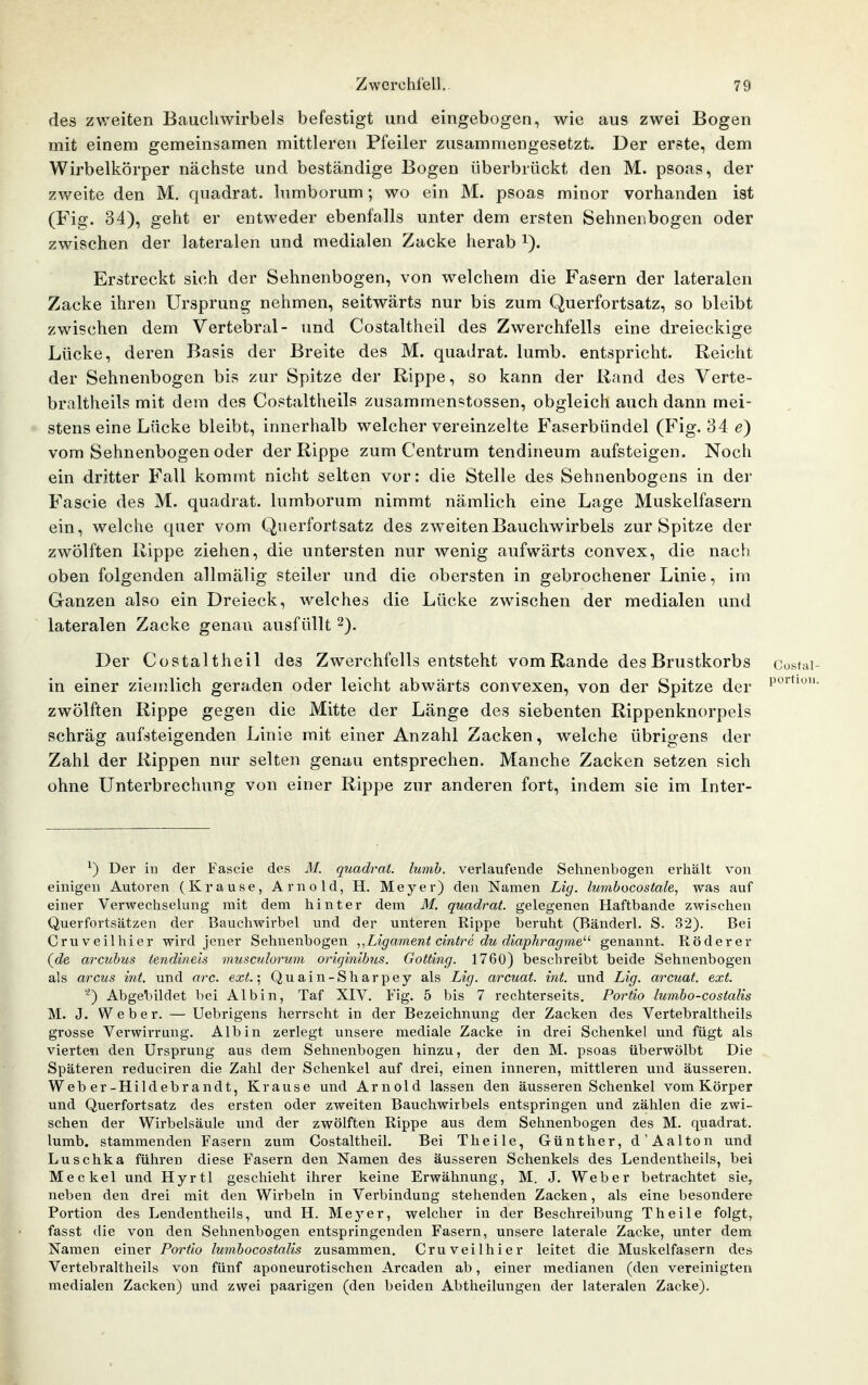 des zvreiten Baucliwirbels befestigt und eingebogen, wie aus zwei Bogen mit einem gemeinsamen mittleren Pfeiler zusammengesetzt. Der erste, dem Wirbelkörper nächste und beständige Bogen überbrückt den M. psoas, der zweite den M, quadrat. lumborum; wo ein M. psoas minor vorhanden ist (Fig. 34), geht er entweder ebenfalls unter dem ersten Sehneiibogen oder zwischen der lateralen und medialen Zacke herab i). Erstreckt sich der Sehnenbogen, von welchem die Fasern der lateralen Zacke ihren Ursprung nehmen, seitwärts nur bis zum Querfortsatz, so bleibt zwischen dem Vertebral- und Costaltheil des Zwerchfells eine dreieckige Lücke, deren Basis der Breite des M. quadrat. lumb. entspricht. Reicht der Sehnenbogen bis zur Spitze der Rippe, so kann der Rand des Verte- braltheils mit dem des Costaltheils zusammenstossen, obgleich auch dann mei- stens eine Lücke bleibt, innerhalb welcher vereinzelte Faserbündel (Fig. 34 e) vom Sehnenbogen oder der Rippe zum Centrum tendineum aufsteigen. Noch ein dritter Fall kommt nicht selten vor: die Stelle des Sehnenbogens in der Fascie des M. quadrat. lumborum nimmt nämlich eine Lage Muskelfasern ein, welche quer vom Querfortsatz des zweiten Bauchwirbels zur Spitze der zwölften Rippe ziehen, die untersten nur wenig aufwärts convex, die nach oben folgenden allmälig steiler und die obersten in gebrochener Linie, im (jranzen also ein Dreieck, welches die Lücke zwischen der medialen und lateralen Zacke genau ausfüllt 2). Der Costaltheil des Zwerchfells entsteht vomRande des Brustkorbs Costai- in einer ziemlich geraden oder leicht abwärts convexen, von der Spitze der i'*^*'*'- zwölften Rippe gegen die Mitte der Länge des siebenten Rippenknorpels schräg aufsteigenden Linie mit einer Anzahl Zacken, welche übrigens der Zahl der Rippen nur selten genau entsprechen. Manche Zacken setzen sich ohne Unterbrechung von einer Rippe zur anderen fort, indem sie im Inter- ^) Der in der Fascie des M. quadrat. lumh. verlaufende Sehnenbogen erhält von einigen Autoren (Krause, Arnold, H. Meyer) den Namen Li(j. lumbocostale, was auf einer Verwechselung mit dem hinter dem M. quadrat. gelegenen Haftbande zwischen Querfortsätzen der Bauchwirbel und der unteren Rippe beruht (Bänderl. S. 32). Bei Cruveilhier wird jener Sehnenbogen ,.,Ligament cintre du diaphragme''^ genannt. Röderer (c?e arcuhus iendineis musculorum originibus. Gotting. 1760) beschreibt beide Sehnenbogen als arcus int. und arc. ext.\ Quain-Sharpey als Lig. arcuat. int. und Lig. arcuat. ext. ^^ Abgebildet bei Albin, Taf XIV. Fig. 5 bis 7 rechterseits. Portio lumbo-costalis M. J. Weber. — Uebrigens herrscht in der Bezeichnung der Zacken des Vertebraltheils grosse Verwirrung. Alb in zerlegt unsere mediale Zacke in drei Schenkel und fügt als vierten den Ursprung aus dem Sehnenbogen hinzu, der den M. psoas überwölbt Die Späteren reduciren die Zahl der Schenkel auf drei, einen inneren, mittleren und äusseren. Weber-Hildebrandt, Krause und Arnold lassen den äusseren Schenkel vom Körper und Querfortsatz des ersten oder zweiten Bauchwirbels entspringen und zählen die zwi- schen der Wirbelsäule und der zwölften Rippe aus dem Sehnenbogen des M. quadrat. lumb. stammenden Fasern zum Costaltheil. Bei Theile, Günther, d'Aalton und Luschka führen diese Fasern den Namen des äusseren Schenkels des Lendentheils, bei Meckel und Hyrtl geschieht ihrer keine Erwähnung, M. J. Weber betrachtet sie, neben den drei mit den Wirbeln in Verbindung stehenden Zacken, als eine besondere Portion des Lendentheils, und H. Meyer, welcher in der Beschreibung Theile folgt, fasst die von den Sehnenbogen entspringenden Fasern, unsere laterale Zacke, unter dem Namen einer Portio lumhocostalis zusammen. Cruveilhier leitet die Muskelfasern des Vertebraltheils von fünf aponeurotischen Arcaden ab, einer medianen (den vereinigten medialen Zacken) und zwei paarigen (den beiden Abtlieilungen der lateralen Zacke).