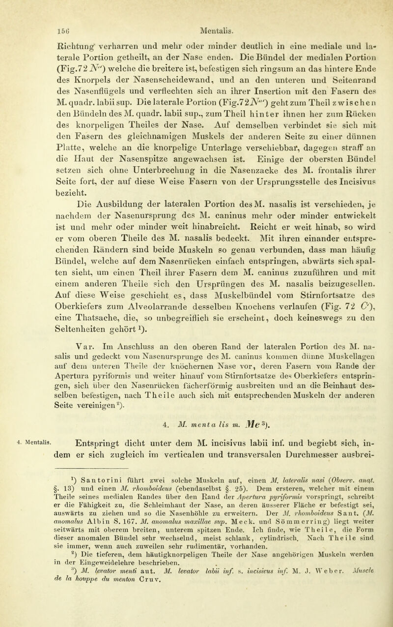 Richtung verharren und mehr oder minder deutlich in eine mediale und la- terale Portion getheilt, an der Nase enden. Die Bündel der medialen Portion (Fig.72 N) welche die breitere ist, befestigen sich ringsum an das hintere Ende des Knorpels der Nasen Scheidewand, und an den unteren und Seitenrand des Nasenflügels und verflechten sich an ihrer Insertion mit den Fasern des M. quadr. labiisup. Die laterale Portion (Fig.72iV') geht zum Theil zwischen den Bündeln desM. quadr. labii sup., zum Theil hinter ihnen her zum Rücken des knorpeligen Theiles der Nase. Auf demselben verbindet sie sich mit den Fasern des gleichnamigen Muskels der anderen Seite zu einer dünnen Platte, welche an die knorpelige Unterlage verschiebbar, dagegen straff an die Haut der Nasenspitze angewachsen ist. Einige der obersten Bündel setzen sich ohne Unterbrechung in die Nasenzacke des M. frontalis ihrer Seite fort, der auf diese Weise Fasern von der Ursprungsstelle des Incisivus bezieht. Die Ausbildung der lateralen Portion desM. nasalis ist verschieden, je nachdem der Nasenursprung des M. caninus mehr oder minder entwickelt ist und mehr oder minder weit hinabreicht. Reicht er weit hinab, so wird er vom oberen Theile des M. nasalis bedeckt. Mit ihren einander entspre- chenden Rändern sind beide Muskeln so genau verbunden, dass man häufig Bündel, welche auf dem Nasenrücken einfach entspringen, abwärts sich spal- ten sieht, um einen Theil ihrer Fasern dem M. caninus zuzuführen und mit einem anderen Theile sich den Ursprüngen des M. nasalis beizugesellen. Auf diese Weise geschieht es, dass Muskelbündel vom Stirnfortsatze des Oberkiefers zum Alveolarrande desselben Knochens verlaufen (Fig. 72 C'), eine Thatsache, die, so unbegreiflich sie erscheint, doch keineswegs zu den Seltenheiten gehört i). Var. Im Anschluss an den oberen Rand der lateralen Portion des M. na- salis und gedeckt vom Nasenursprunge des M. caninus kommen dünne Muskellagen auf dem unteren Theile der knöchernen Nase vor, deren Fasern vom Rande der Apertura pyriformis und weiter hinauf vom Stirnfortsatze des Oberkiefers entsprin- gen, sich über den Nasenrücken fächerförmig ausbreiten und an die Beinhaut des- selben befestigen, nach Theile auch sich mit entsprechenden Muskeln der anderen Seite vereinigen^). 4. M. menta Iis m. Me^), 4. Mentalis. Entspringt dicht unter dem M. incisivus labii inf. und begiebt sich, in- dem er sich zugleich im verticalen und transversalen Durchmesser ausbrei- ^) Santorini führt zwei solche Muskeln auf, einen 31. lateralis nasi (Ohserv. anqt. §. 13) und einen 31. rhomboideus (ebendaselbst §. 25). Dem ersteren, -welcher mit einem Theile seines medialen Randes über den Rand der Apertura pyriformis vorspringt, schreibt er die Fähigkeit zu, die Schleimhaut der Nase, an deren äusserer Fläche er befestigt sei, auswärts zu ziehen und so die Nasenhöhle zu erweitern. Der J\l. rliomhoideus Sant. (Jf. anomalus Alb in S. 167. 31. anomalus maxillae sup. Meck. und Sö mm erring) liegt weiter seitwärts mit oberem breiten, unterem spitzen Ende. Ich finde, wie Theile, die Form dieser anomalen Bündel sehr wechselnd, meist schlank, cylindrisch. Nach Theile sind sie immer, wenn auch zuweilen sehr rudimentär, vorhanden. ^) Die tieferen, dem häutigknorpeligen Theile der Nase angehörigen Muskeln werden in der Eingeweidelehre beschrieben. ■^) M. hvator menti aut. M. levator lahü inf. s. incisivus inf. M. J. Weber. Müsch de la houppe du menton Cruv.