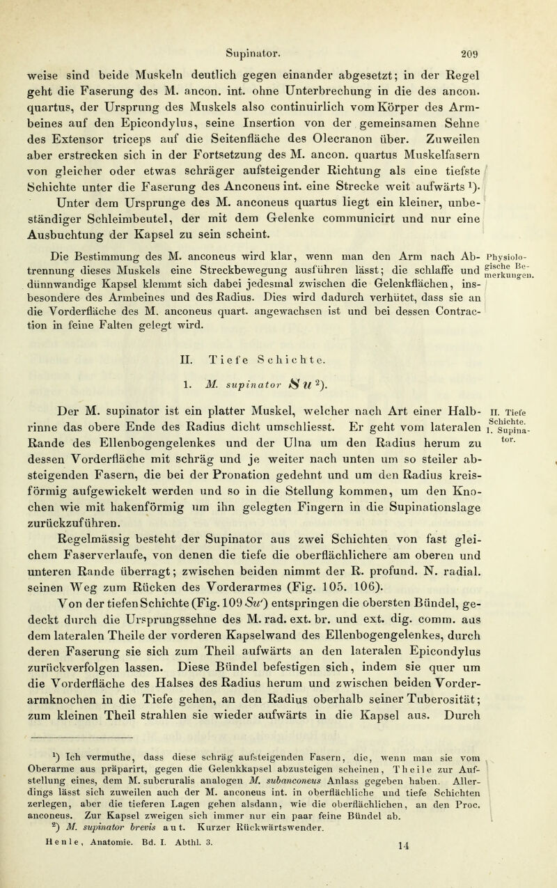 weise sind beide Muskeln deutlich gegen einander abgesetzt; in der Regel geht die Faserung des M. ancon. int. ohne Unterbrechung in die des ancon. quartus, der Ursprung des Muskels also continuirlich vom Körper des Arm- beines auf den Epicondylus, seine Insertion von der gemeinsamen Sehne des Extensor triceps auf die Seitenfläche des Olecranon über. Zuweilen aber erstrecken sich in der Fortsetzung des M. ancon. quartus Muskelfasern von gleicher oder etwas schräger aufsteigender Richtung als eine tiefste Schichte unter die Faserung des Anconeus int. eine Strecke weit aufwärts i). Unter dem Ursprünge des M. anconeus quartus liegt ein kleiner, unbe- ständiger Schleimbeutel, der mit dem Grelenke communicirt und nur eine Ausbuchtung der Kapsel zu sein scheint. Die Bestimmung des M. anconeus wird klar, wenn man den Arm nach Ab- Physioio- trennung dieses Muskels eine Streckbewegung ausführen lässt; die schlaiFe und merkun^ei dünnwandige Kapsel klemmt sich dabei jedesmal zwischen die Gelenkflächen, ins- besondere des Armbeines und des Eadius. Dies wird dadurch verhütet, dass sie an die Vorderfläche des M. anconeus quart. angewachsen ist und bei dessen Contrac- tion in feine Falten gelegt wird. n. Tiefe Schichte. 1. M. supinator i^tl'^). Der M. supinator ist ein platter Muskel, welcher nach Art einer Halb- ii. Tiefe rinne das obere Ende des Radius dicht umschliesst. Er geht vom lateralen L^suphia- Rande des Ellenbogengelenkes und der Ulna um den Radius herum zu dessen Vorderfläche mit schräg und je weiter nach unten um so steiler ab- steigenden Fasern, die bei der Pronation gedehnt und um den Radius kreis- förmig aufgewickelt werden und so in die Stellung kommen, um den Kno- chen wie mit hakenförmig um ihn gelegten Fingern in die Supinationslage zurückzuführen. Regelmässig besteht der Supinator aus zwei Schichten von fast glei- chem Faserverlaufe, von denen die tiefe die oberflächlichere am oberen und unteren Rande überragt; zwischen beiden nimmt der R. profund. N. radial, seinen Weg zum Rücken des Vorderarmes (Fig. 105. 106). Von der tiefen Schichte (Fig. 109-Sz/') entspringen die obersten Bündel, ge- deckt durch die Ursprungssehne des M. rad. ext. br. und ext. dig. comm. aas dem lateralen Theile der vorderen Kapselwand des Ellenbogengelenkes, durch deren Faserung sie sich zum Theil aufwärts an den lateralen Epicondylus zurückverfolgen lassen. Diese Bündel befestigen sich, indem sie quer um die Vorderfläche des Halses des Radius herum und zwischen beiden Vorder- armknochen in die Tiefe gehen, an den Radius oberhalb seiner Tuberosität; zum kleinen Theil strahlen sie wieder aufwärts in die Kapsel aus. Durch ^) Ich vermuthe, dass diese schräg aufsteigenden Fasern, die, wenn man sie vom Oberarme aus präparirt, gegen die Gelenkkapsel abzusteigen scheinen, Theile zur Auf- stellung eines, dem M. subcrurahs analogen M. subanconeus Anlass gegeben haben. Aller- dings lässt sich zuweilen auch der M. anconeus int. in oberflächliche und tiefe Schichten zerlegen, aber die tieferen Lagen gehen alsdann, wie die oberflächlichen, an den Proc. anconeus. Zur Kapsel zweigen sich immer nur ein paar feine Bündel ab. ^) M. supinator brevis aut. Kurzer Rückwärtswender. Henle, Anatomie. Bd. I. Abthl. 3. -ia