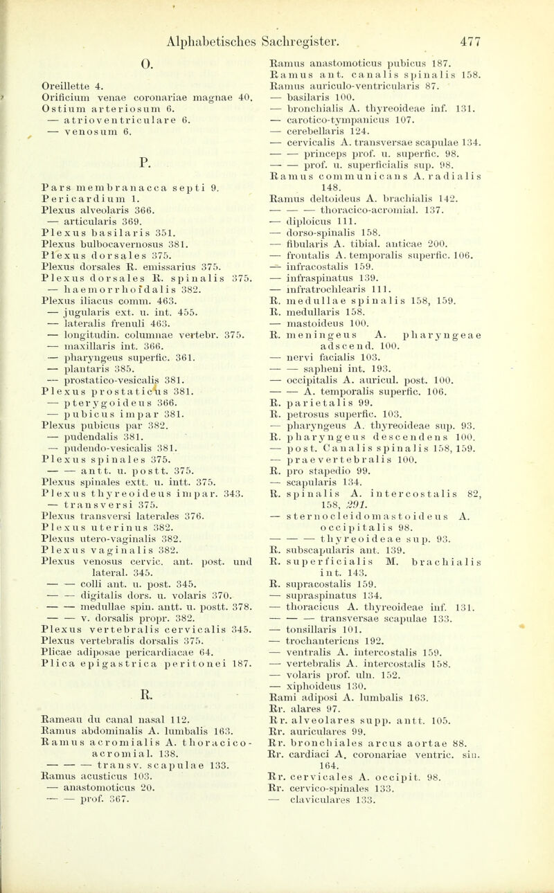 0. Oreillette 4. Orificium venae coronariae magnae 40. Ostium arteriosum 6. — atrioventriculare 6. — venosum 6. P. Pars membranacca septi 9. Pericardium 1. Plexus alveolaris 366. — articularis 369. Plexus basilaris 351. Plexus bulbocavernosus 381. Plex\i s dorsales 375. Plexus dorsales E. emissarius 375. Plexus dorsales E. spiualis 375. — haemorrhofdalis 382. Plexus iliacus comm. 463. — jugularis ext. u. int. 455. — lateralis frenuli 463. — longitudin. columnae vertebr. 375. — maxillaris int. 366. — pharyngeus superfic. 361. — plantaris 385. — prostatico-vesicalis 381. Plexus prostaticus 381. — pterygoideus 366. — pubicus impar 381. Plexus pubicus par 382. — pudendalis 381. — pudendo-vesicalis 381. Plexus spinales 375. antt. u. postt. 375. Plexus spinales extt. u. intt. 375. Plexus thyreoideus im par. 343. — transversi 375. Plexus transversi laterales 376. Plexus uterin vis 382. Plexus utero-vaginalis 382. Plexus vaginalis 382. Plexus venosus cervic. ant. post. und lateral. 345. — — colli ant. u. post. 345. — — digitalis dors. u. volaris 370. medullae spin. antt. u. postt. 378. — — v. dorsalis propr. 382. Plexus vertebralis cervicalis 345. Plexus vertebralis dorsalis 375. Plicae adiposae pericardiacae 64. Plica epigastrica peritonei 187. R. Eameau du canal nasal 112. Eamus abdominalis A. lumbalis 163. Eamus acromialis A. thoracico- acromial. 138. transv. scapulae 133. Eamus acusticus 103. — anastomoticus 20. prof. 367. Eamus anastomoticus pubicus 187. Eamus ant. canalis spinalis 158. Eamus auriculo-ventricularis 87. — basilaris 100. — bronchialis A. thyreoideae inf. 131. — carotico-tympanicus 107. — cerebellaris 124. — cervicalis A. transversae scapulae 134. — — princeps prof. u. superfic. 98. prof. u. superficialis sup. 98. Eamus communicans A. radialis 148. Eamus deltoideus A. brachialis 142. thoracico-acromial. 137. ■— diploicus 111. — dorso-spinalis 158. — fibularis A. tibial. anticae 200. — frontalis A.temporalis superfic. 106. — infracostalis 159. — infraspinatus 139. — mfratrochlearis 111. E. medullae spinalis 158, 159. E. medullaris 158. — mastoideus 100. E. meningeus A. pliaryngeae adscend. 100. — nervi facialis 103. — — sapbeni int. 193. — occipitalis A. auricul. post. 100. A. temporalis superfic. 106. E. parietalis 99. E. petrosus superfic. 103. ■— pharyngeus A. thyreoideae sup. 93. E. pharyngeus descendens 100. — post. Canalis spinalis 158, 159. — prae vertebralis 100. E. pro stapedio 99. — scapularis 134. E. spinalis A. intercostalis 82, 158, 291. — stemocleidomastoideus A. occipitalis 98. thyreoideae sup. 93. E. subscapularis ant. 139. E. superficialis M. brachialis int. 143. E. supracostalis 159. — supraspinatus 134. — thoracicus A. thyreoideae inf. 131. transversae scapulae 133. — tonsillaris 101. — trochantericns 192. — ventralis A. intercostalis 159. — vertebralis A. intercostalis 158. — volaris prof. um. 152. — xiphoideus 130. Eami adiposi A. lumbalis 163. Er. alares 97. Er. alveolares supp. antt. 105. Er. auriculares 99. Er. bronchiales arcus aortae 88. Er. cardiaci A. coronariae ventric. sin. 164. Er. cervicales A. occipit. 98. Er. cervico-spinales 133. — claviculares 133.