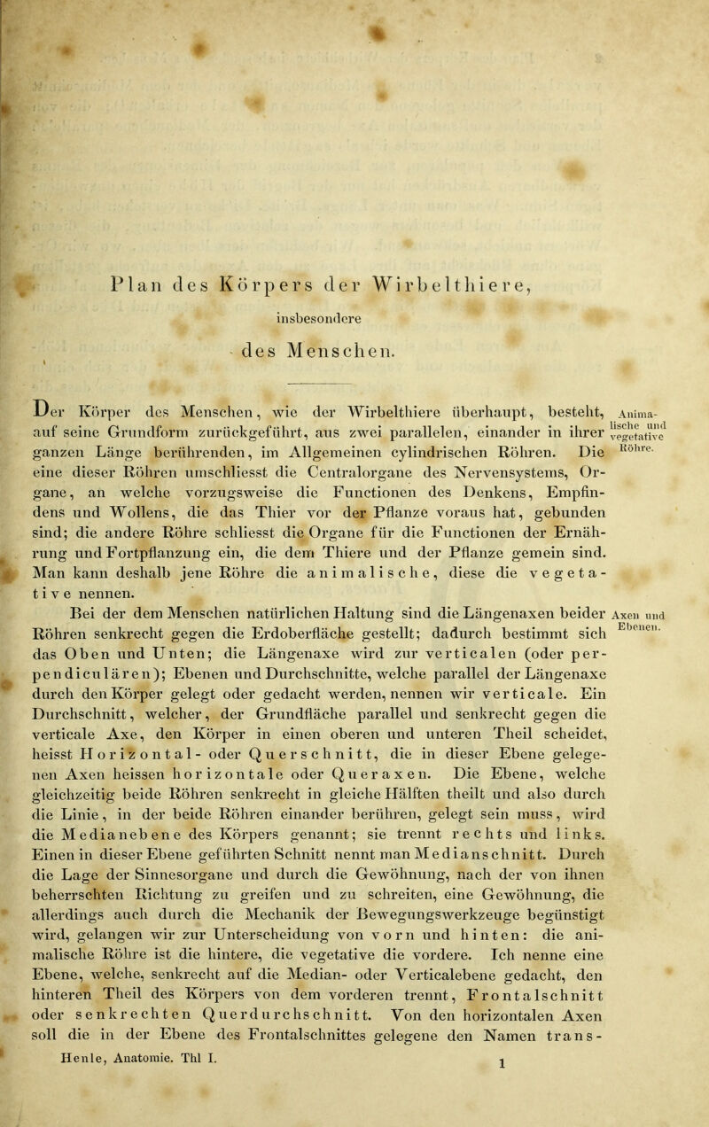 insbesondere des Menschen. Der K()rper des Menschen, wie der Wirbelthiere überhaupt, besteht, Anima- auf seine Grundform zurückgeführt, aus zwei parallelen, einander in ihrer vegetative^ ganzen Länge berührenden, im Allgemeinen cylindrischen Röhren. Die ^^ohre. eine dieser Röhren umschliesst die Centraiorgane des Nervensystems, Or- gane, an welche vorzugsweise die Functionen des Denkens, Empfin- dens und Wollens, die das Thier vor der Pflanze voraus hat, gebunden sind; die andere Röhre schliesst die Organe für die Functionen der Ernäh- rung und Fortpflanzung ein, die dem Thiere und der Pflanze gemein sind. Man kann deshalb jene Röhre die animalische, diese die vegeta- tive nennen. Bei der dem Menschen natürlichen Haltung sind die Längenaxen beider Axcd und Röhren senkrecht gegen die Erdoberfläche gestellt; dadurch bestimmt sich das Oben und Unten; die Längenaxe wird zur verticalen (oder per- pendiculären); Ebenen und Durchschnitte, welche parallel der Längenaxe durch den Körper gelegt oder gedacht werden, nennen wir verticale. Ein Durchschnitt, welcher, der Grundfläche parallel und senkrecht gegen die verticale Axe, den Körper in einen oberen und unteren Theil scheidet, heisst Horizontal - oder Querschnitt, die in dieser Ebene gelege- nen Axen heissen horizontale oder Queraxen. Die Ebene, welche gleichzeitig beide Röhren senkrecht in gleiche Hälften theilt und also durch die Linie, in der beide Röhren einander berühren, gelegt sein muss, wird die Median ebene des Körpers genannt; sie trennt rechts und links. Einen in dieser Ebene geführten Schnitt nennt manMedianschnitt. Durch die Lage der Sinnesorgane und durch die Gewöhnung, nach der von ihnen beherrschten Richtung zu greifen und zu schreiten, eine Gewöhnung, die allerdings auch durch die Mechanik der Bewegungswerkzeuge begünstigt wird, gelangen wir zur Unterscheidung von vorn und hinten: die ani- malische Röhre ist die hintere, die vegetative die vordere. Ich nenne eine Ebene, welche, senkrecht auf die Median- oder Yerticalebene gedacht, den hinteren Theil des Körpers von dem vorderen trennt. Frontalschnitt oder senkrechten Q ue r d u rc hs ch n i 11. Von den horizontalen Axen soll die in der Ebene des Frontalschnittes gelegene den Namen trans- Henle, Anatomie. Thl I. -i