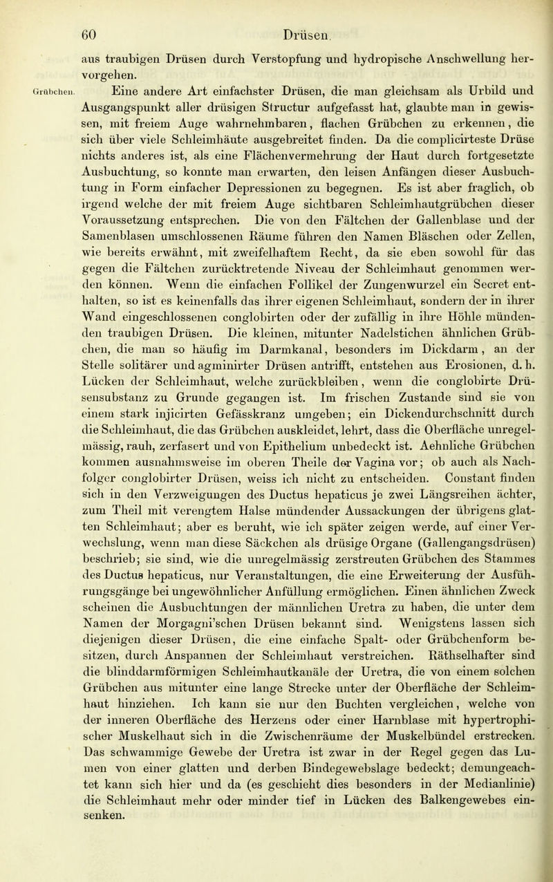 aus traubigen Drüsen durch Verstopfung und hydropische Anschwellung her- vorgehen. Grübchen. Eine andere Art einfachster Drüsen, die man gleichsam als Urbild und Ausgangspunkt aller drüsigen Structur aufgefasst hat, glaubte man in gewis- sen, mit freiem Auge wahrnehmbaren, flachen Grübchen zu erkennen, die sich über viele Schleimhäute ausgebreitet finden. Da die complicirteste Drüse nichts anderes ist, als eine Flächenvermehrung der Haut durch fortgesetzte Ausbuchtung, so konnte man erwarten, den leisen Anfängen dieser Ausbuch- tung in Form einfacher Depressionen zu begegnen. Es ist aber fraglich, ob irgend welche der mit freiem Auge sichtbaren Schleimhautgrübchen dieser Voraussetzung entsprechen. Die von den Fältchen der Gallenblase und der Samenblasen umschlossenen Räume führen den Namen Bläschen oder Zellen, wie bereits erwähnt, mit zweifelhaftem Recht, da sie eben sowohl für das gegen die Fältchen zurücktretende Niveau der Schleimhaut genommen wer- den können. Wenn die einfachen Follikel der Zungenwurzel ein Secret ent- halten, so ist es keinenfalls das ihrer eigenen Schleimhaut, sondern der in ihrer Wand eingeschlossenen conglobirten oder der zufällig in ihre Höhle münden- den traubigen Drüsen. Die kleinen, mitunter Nadelstichen ähnlichen Grüb- chen, die man so häufig im Darmkanal, besonders im Dickdarm, an der Stelle solitärer und agminirter Drüsen antrifft, entstehen aus Erosionen, d. h. Lücken der Schleimhaut, welche zurückbleiben, wenn die conglobirte Drü- sensubstanz zu Grunde gegangen ist. Im frischen Zustande sind sie von einem stark injicirten Gefässkranz umgeben; ein Dickendurchschnitt durch die Schleimhaut, die das Grübchen auskleidet, lehrt, dass die Oberfläche unregel- mässig, rauh, zerfasert und von Epithelium unbedeckt ist. Aehnliche Grübchen kommen ausnahmsweise im oberen Theile der Vagina vor; ob auch als Nach- folger conglobirter Drüsen, weiss ich nicht zu entscheiden. Constant finden sich in den Verzweigungen des Ductus hepaticus je zwei Längsreihen ächter, zum Theil mit verengtem Halse mündender Aussackungen der übrigens glat- ten Schleimhaut; aber es beruht, wie ich später zeigen werde, auf einer Ver- wechslung, wenn man diese Säckchen als drüsige Organe (Gallengangsdrüsen) beschrieb; sie sind, wie die unregelmässig zerstreuten Grübchen des Stammes des Ductus hepaticus, nur Veranstaltungen, die eine Erweiterung der Ausfüh- rungsgänge bei ungewöhnlicher Anfüllung ermöglichen. Einen ähnlichen Zweck scheinen die Ausbuchtungen der männlichen Uretra zu haben, die unter dem Namen der Morgagni'schen Drüsen bekannt sind. Wenigstens lassen sich diejenigen dieser Drüsen, die eine einfache Spalt- oder Grübchenform be- sitzen, durch Anspannen der Schleimhaut verstreichen. Räthselhafter sind die blinddarmförmigen Schleimhautkanäle der Uretra, die von einem solchen Grübchen aus mitunter eine lange Strecke unter der Oberfläche der Schleim- haut hinziehen. Ich kann sie nur den Buchten vergleichen, welche von der inneren Oberfläche des Herzens oder einer Harnblase mit hypertrophi- scher Muskelhaut sich in die Zwischenräume der Muskelbündel erstrecken. Das schwammige Gewebe der Uretra ist zwar in der Regel gegen das Lu- men von einer glatten und derben Bindegewebslage bedeckt; demungeach- tet kann sich hier und da (es geschieht dies besonders in der Medianlinie) die Schleimhaut mehr oder minder tief in Lücken des Balkengewebes ein- senken.