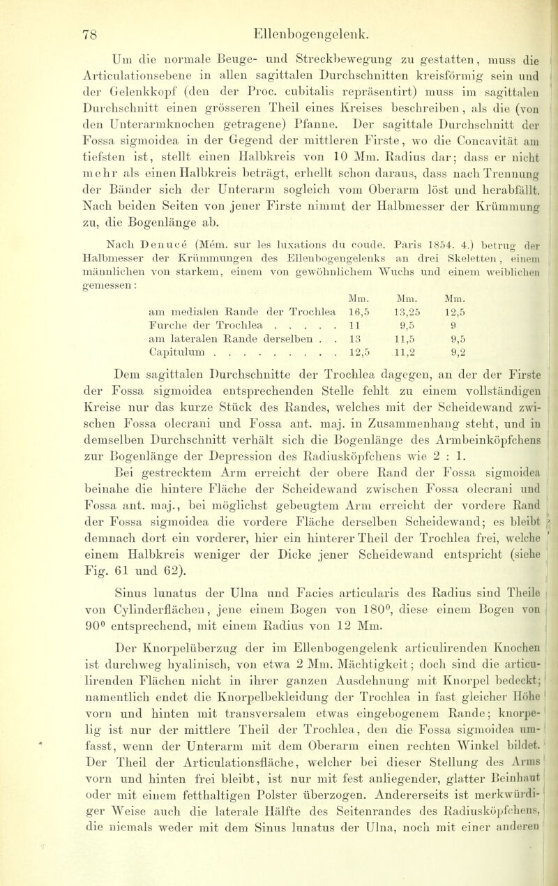 Um die normale Beuge- und Streckbewegung zu gestatten, muss die Articulationsebene in allen sagittalen Durchschnitten kreisförmig sein und der Grelenkkopf (den der Proc. cubitalis repräsentirt) muss im sagittalen Durchschnitt einen grösseren Theil eines Kreises beschreiben, als die (von den Unterarmknochen getragene) Pfanne. Der sagittale Durchschnitt der Fossa sigmoidea in der Gegend der mittleren Firste, wo die Concavität am tiefsten ist, stellt einen Halbkreis von 10 Mm. Kadius dar; dass er nicht mehr als einen Halbkreis beträgt, erhellt schon daraus, dass nach Trennung der Bänder sich der Unterarm sogleich vom Oberarm löst und herabfällt, Nach beiden Seiten von jener Firste nimmt der Halbmesser der Krümmung zu, die Bogenlänge ab. Nach Denuce (Mem. sur les luxations du coude. Paris 1854. 4.) betrug der Halbmesser der Krümmungen des Ellenbogengelenks an drei Skeletten, einem männlichen von starkem, einem von gewöhnlichem Wuchs und einem weiblichen gemessen: Mm. Mm. Mm. am medialen Rande der Trochlea 16,5 13,25 12,5 Furche der Trochlea 11 9,5 9 am lateralen Rande derselben . . 13 11,5 9,5 Capitulum 12,5 11,2 9,2 Dem sagittalen Durchschnitte der Trochlea dagegen, an der der Firste der Fossa sigmoidea entsprechenden Stelle fehlt zu einem vollständigen Kreise nur das kurze Stück des Randes, welches mit der Scheidewand zwi- schen Fossa olecrani und Fossa ant. maj. in Zusammenhang steht, und in demselben Durchschnitt verhält sich die Bogenlänge des Armbeinköpfchens zur Bogenlänge der Depression des Radiusköpfchens wie 2:1. Bei gestrecktem Arm erreicht der obere Rand der Fossa sigmoidea beinahe die hintere Fläche der Scheidewand zwischen Fossa olecrani und Fossa ant. maj., bei möglichst gebeugtem Arm erreicht der vordere Rand der Fossa sigmoidea die vordere Fläche derselben Scheidewand; es bleibt demnach dort ein vorderer, hier ein hinterer Theil der Trochlea frei, welche einem Halbkreis weniger der Dicke jener Scheidewand entspricht (siehe Fig. 61 und 62). Sinus lunatus der Ulna und Facies articularis des Radius sind Theile von Cylinderflächen, jene einem Bogen von 180°, diese einem Bogen von 90° entsprechend, mit einem Radius von 12 Mm. Der Knorpelüberzug der im Ellenbogengelenk articulirenden Knochen ist durchweg hyalinisch, von etwa 2 Mm. Mächtigkeit; doch sind die articu- lirenden Flächen nicht in ihrer ganzen Ausdehnung mit Knorpel bedeckt; namentlich endet die Knorpelbekleidung der Trochlea in fast gleicher Höhe vorn und hinten mit transversalem etwas eingebogenem Rande; knorpe- lig ist nur der mittlere Theil der Trochlea, den die Fossa sigmoidea uUl- fas st , wenn der Unterarm mit dem Oberarm einen rechten Winkel bildet. Der Theil der Articulationsfläche, welcher bei dieser Stellung des Arms vorn und hinten frei bleibt, ist nur mit fest anliegender, glatter Beinhaut oder mit einem fetthaltigen Polster überzogen. Andererseits ist merkwürdi- ger Weise auch die laterale Hälfte des Seitenrandes des Radiusköpfchens, die niemals weder mit dem Sinus lunatus der Ulna, noch mit einer anderen