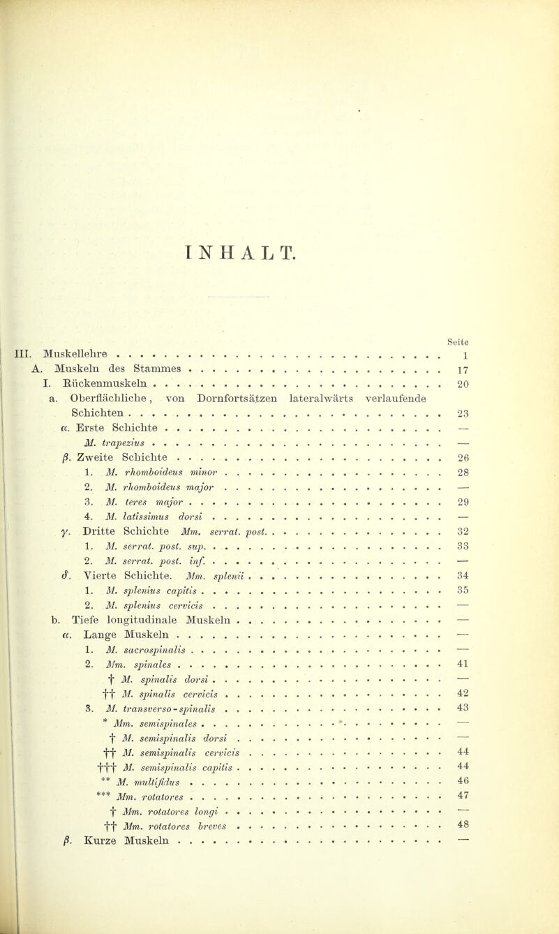 INHALT. Seite '.. Muskellehre 1 A. Muskeln des Stammes 17 I. Bückenmuskeln 20 a. Oberflächliche, von Dornforts ätzen lateralwärts verlaufende Schichten 23 cc. Erste Schichte — M. trapezius — ß. Zweite Schichte 26 1. M. rhomboideus minor 28 2. M. rhomboideus major — 3. M. teres major 29 4. M. latissimus dorsi — y. Dritte Schichte Mm. serrat. post 32 1. M. serrat. post. sup 33 2. M. serrat. post. inf. — tf. Vierte Schichte. Mm. splenii 34 1. M. splenius capitis 35 2. M. splenius cervicis — b. Tiefe longitudinale Muskeln — a. Lange Muskeln — 1. M. sacrospinalis — 2. Mm. spinales 41 f M. spinalis dorsi — ff M. spinalis cervicis 42 3. M. transverso-spinalis 43 * Mm. semispinales ' — f M. semispinalis dorsi ff M. semispinalis cervicis 44 fff M. semispinalis capitis 44 ** M. multißdus 46 *** Mm. rotatores 47 f Mm. rotatores longi ff Mm. rotatores breves 48 ß. Kurze Muskeln —